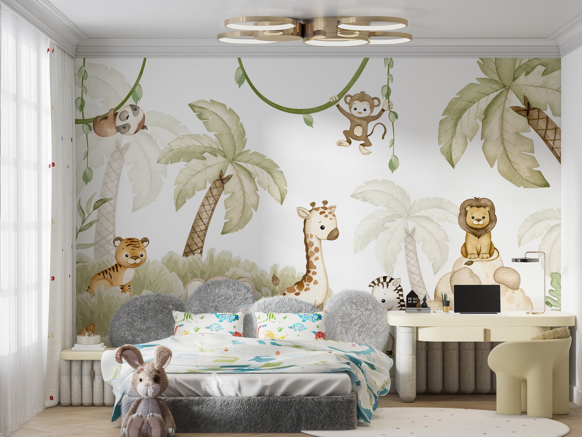 Whimsical mural with playful savannah animals for nurseries