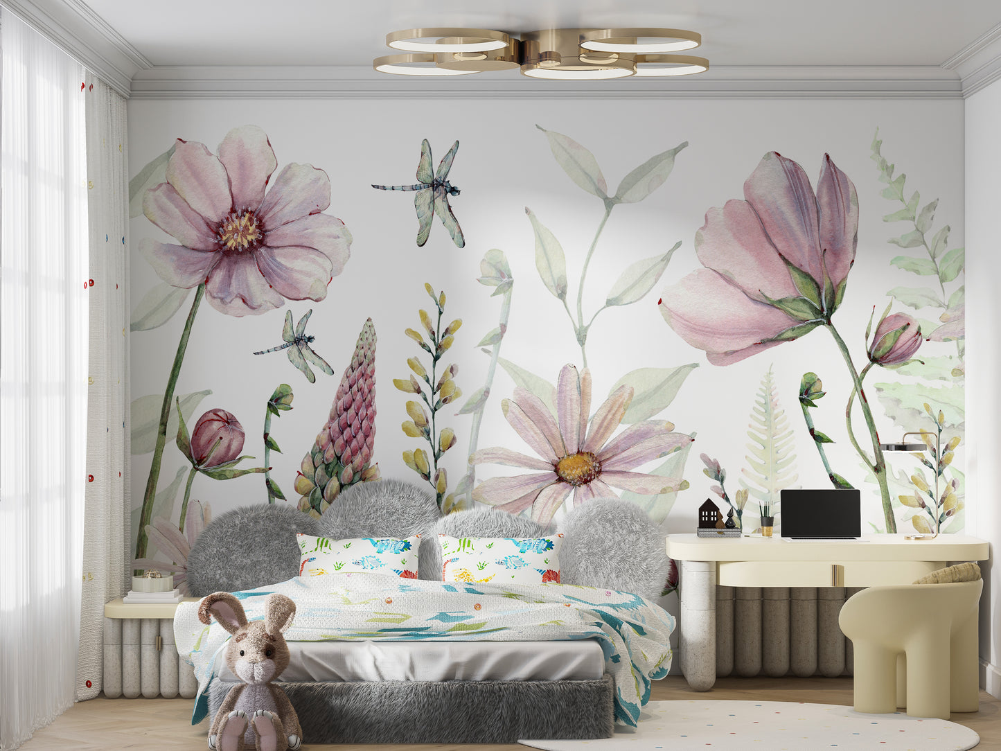 Enchanted bloom watercolor mural with vibrant flowers.
