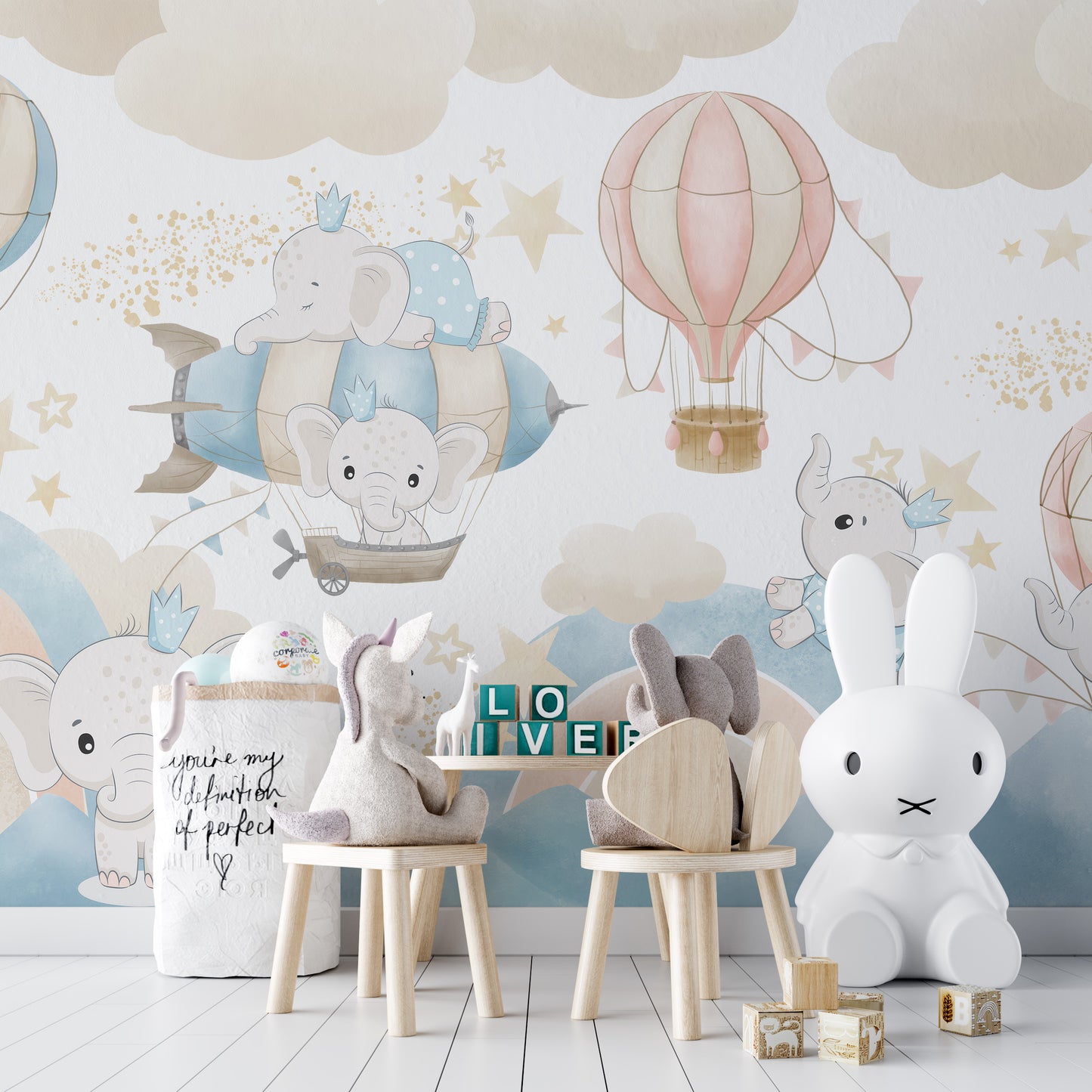 Baby elephants wallpaper mural with playful design details