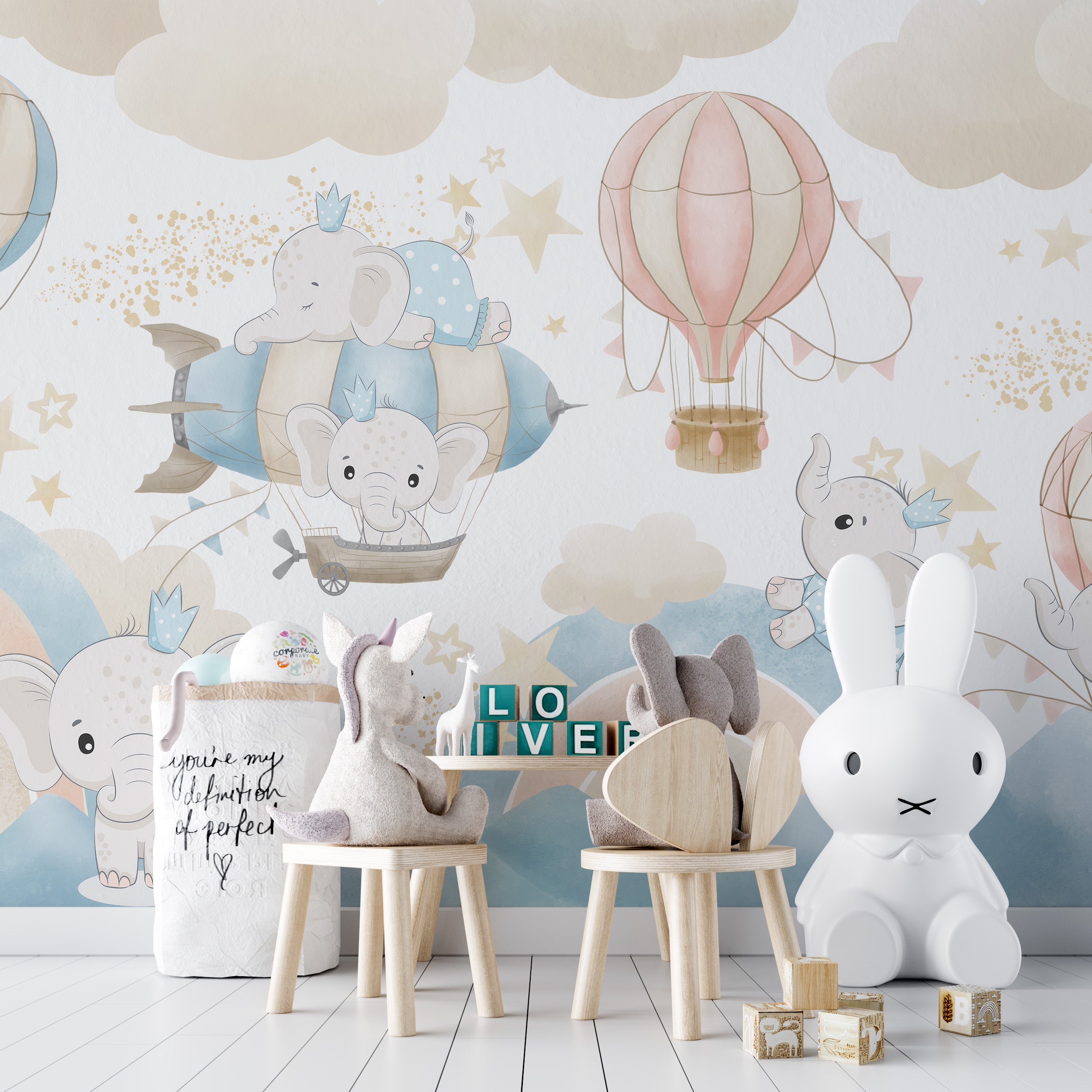 Baby elephants wallpaper mural with playful design details