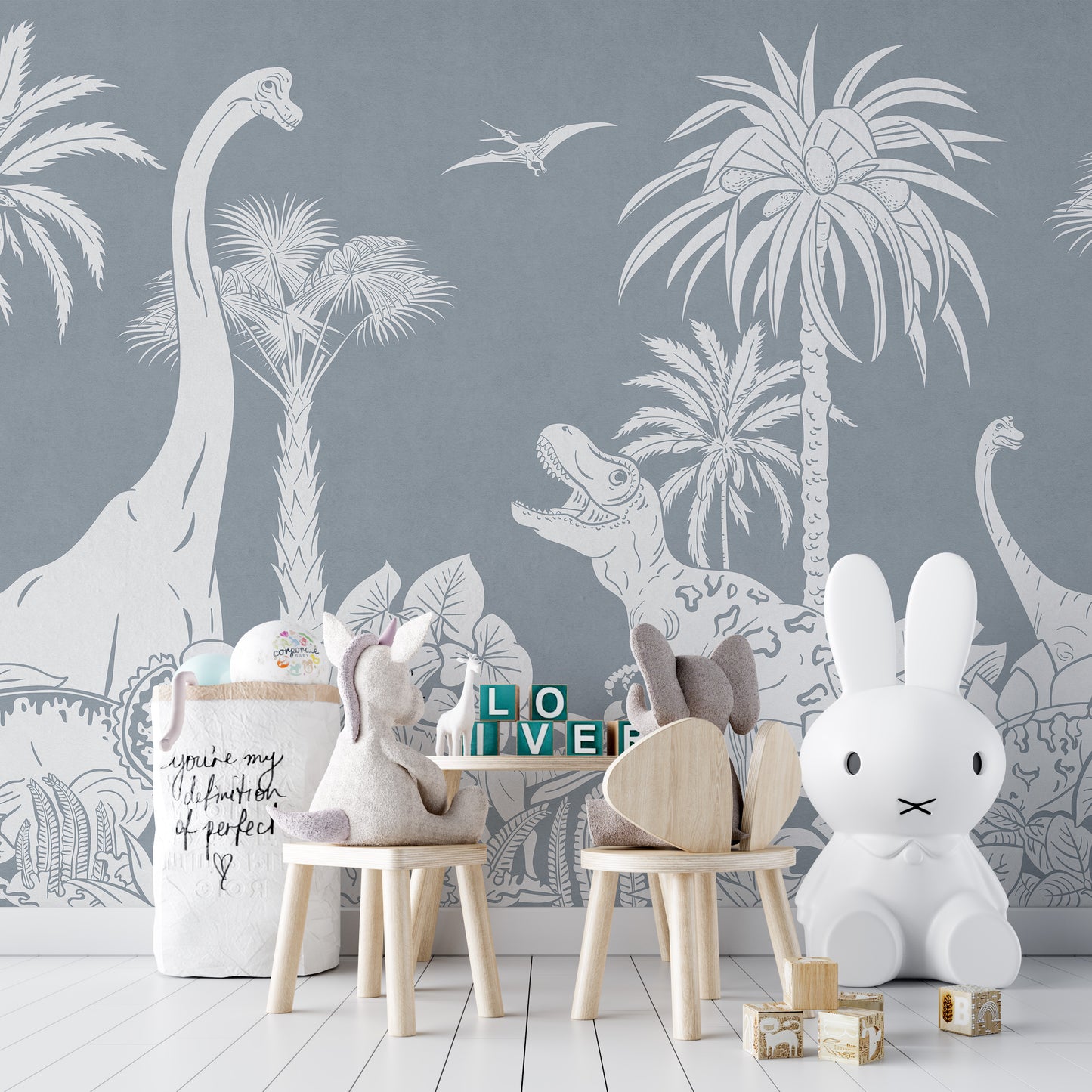 Transform walls with Monochrome Dino Blue mural design.
