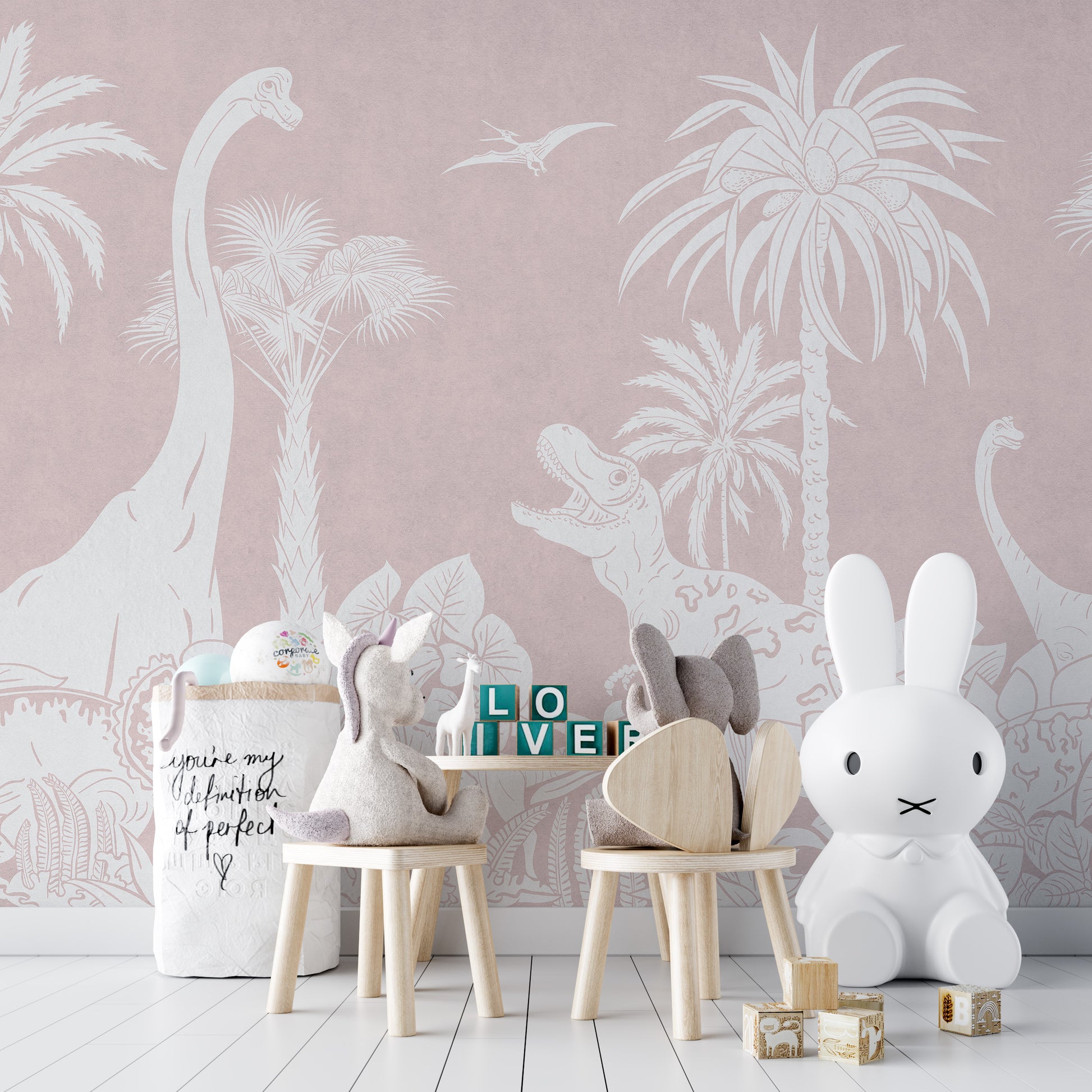 Stylish Monochrome Dino Pink mural for kids’ rooms.
