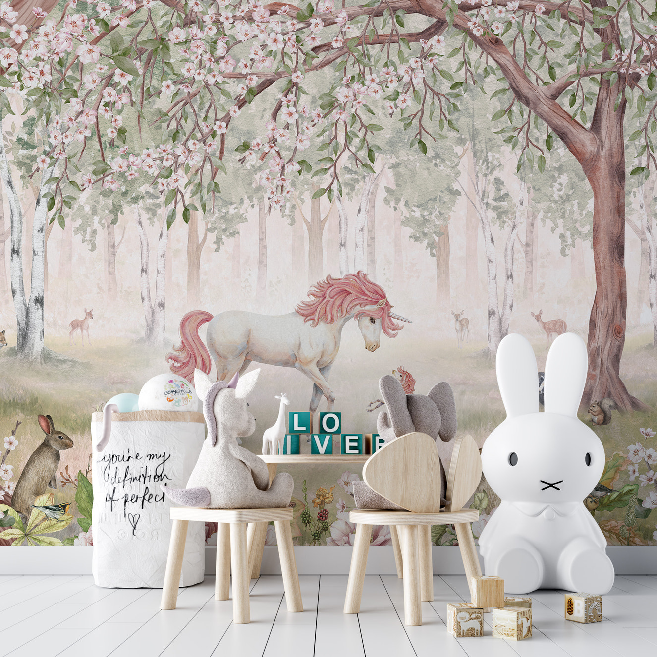 Enchanting Unicorn Forest Green mural for kids’ rooms.