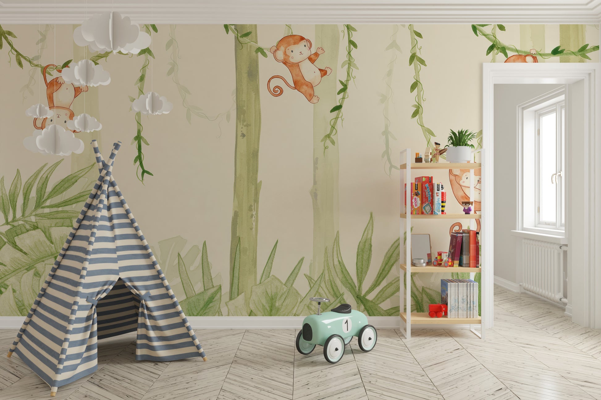 Playful wallpaper mural with swinging monkeys in a forest