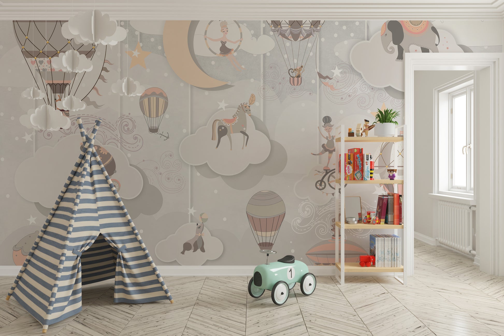 Playful circus-themed mural for whimsical room decoration