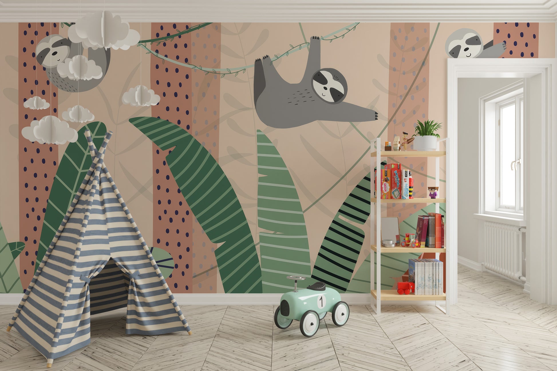 Jungle-themed wall mural featuring lazy sloths hanging on trees