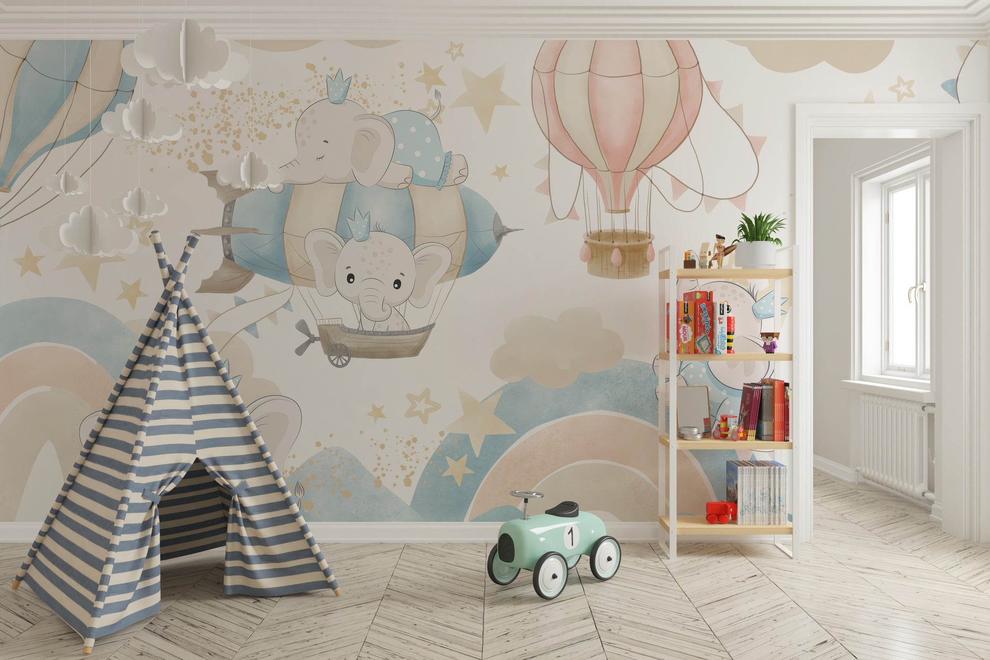 Cute baby elephants playtime wallpaper for vibrant spaces