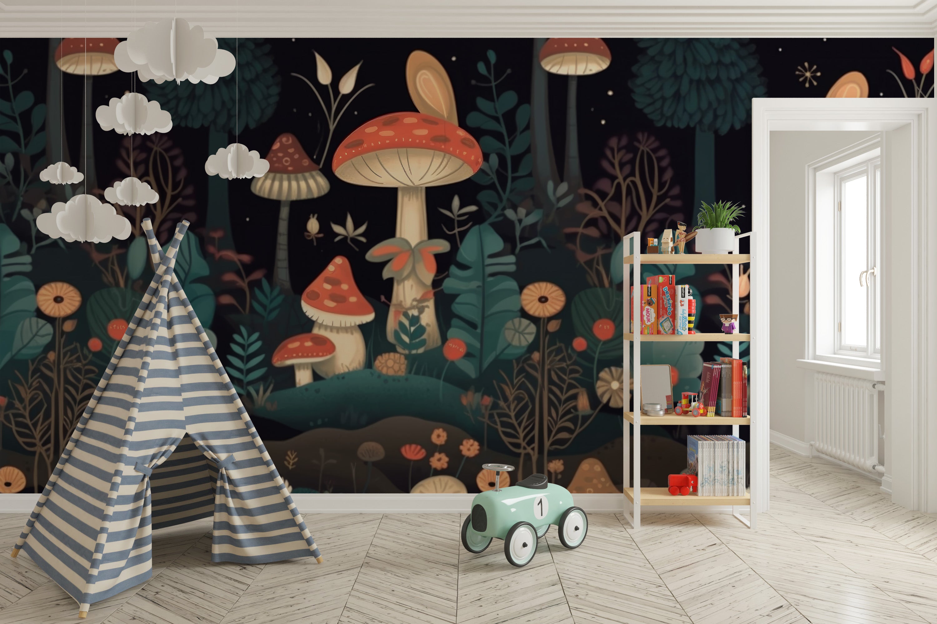 Mushroom wallpaper mural for a fun, forest-themed kids' room