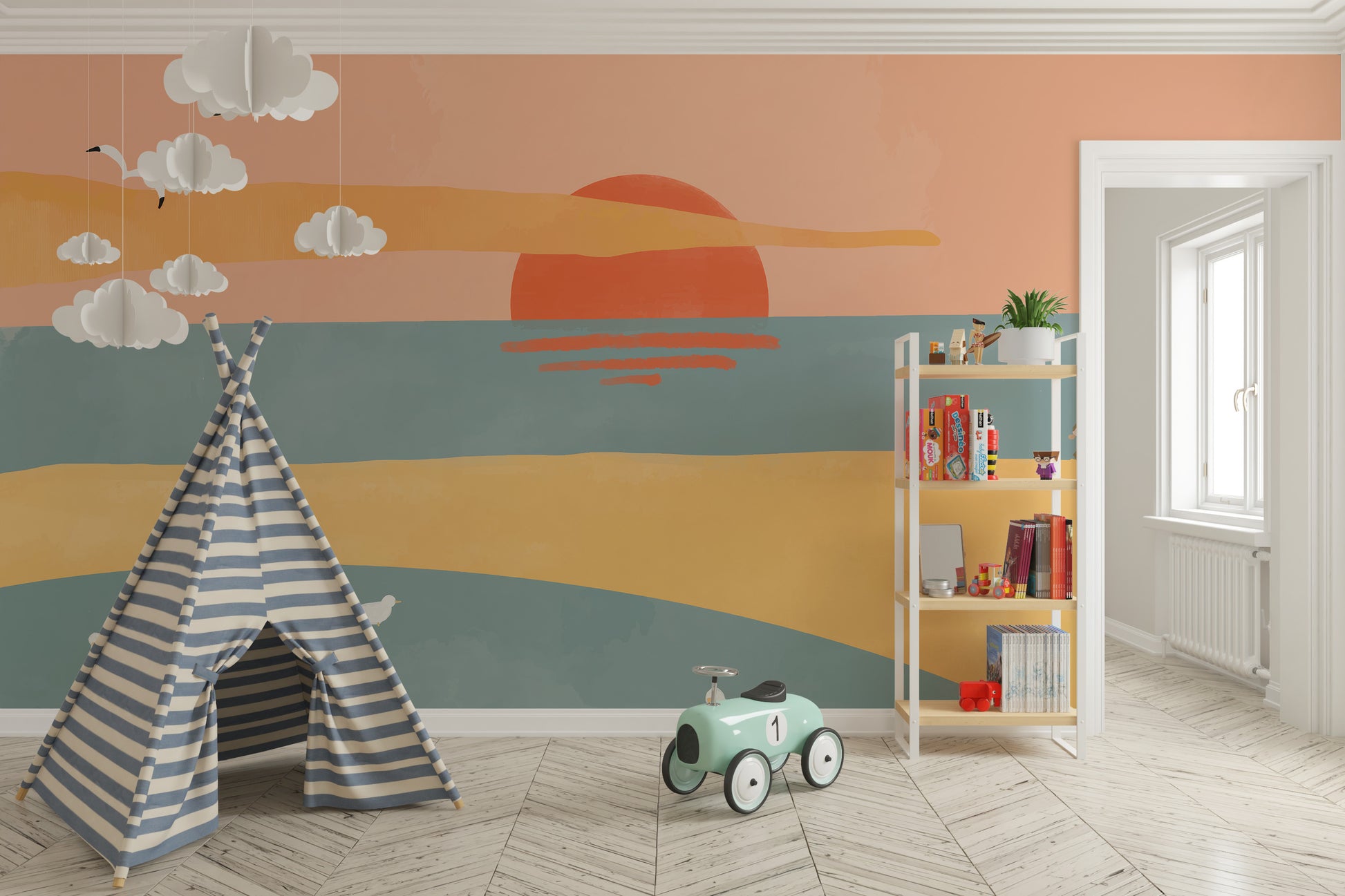 Room wallpaper with a peaceful sunset beach design