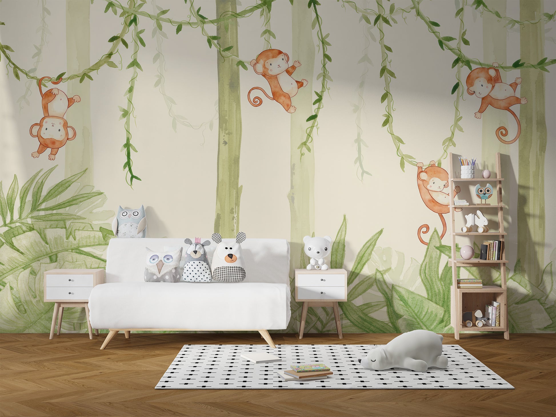 Swinging monkeys forest mural for a fun and lively ambiance