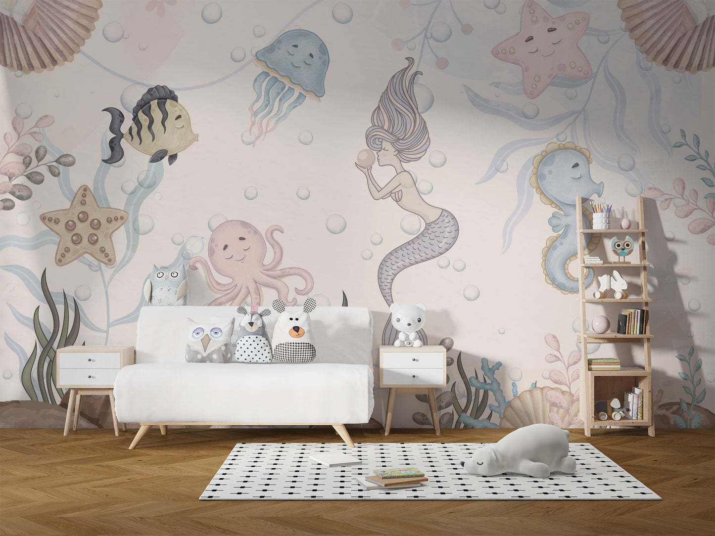 Ocean-inspired aquatic life wall mural for lively interiors