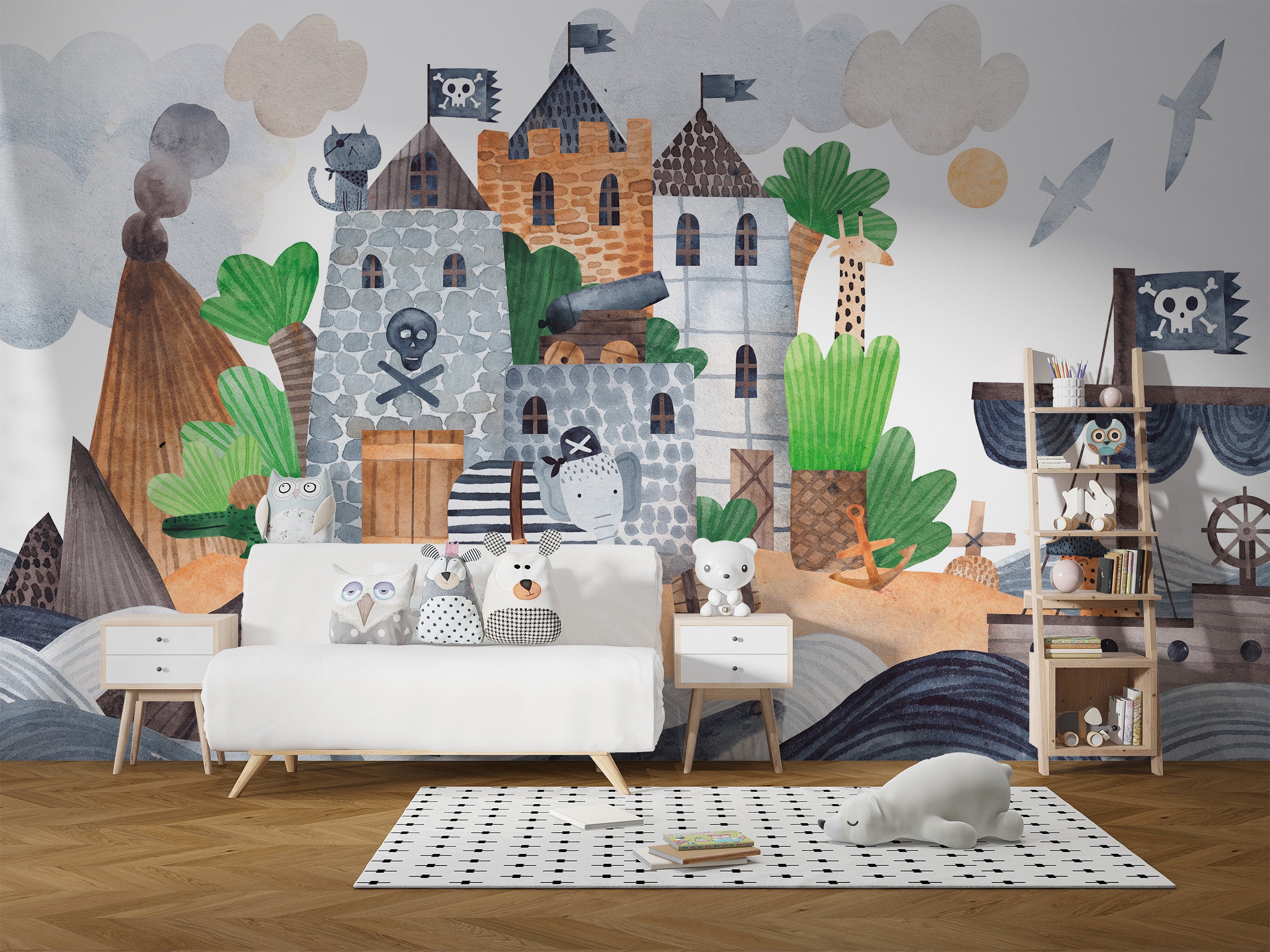 Playful pirates castle mural wallpaper for boys and girls