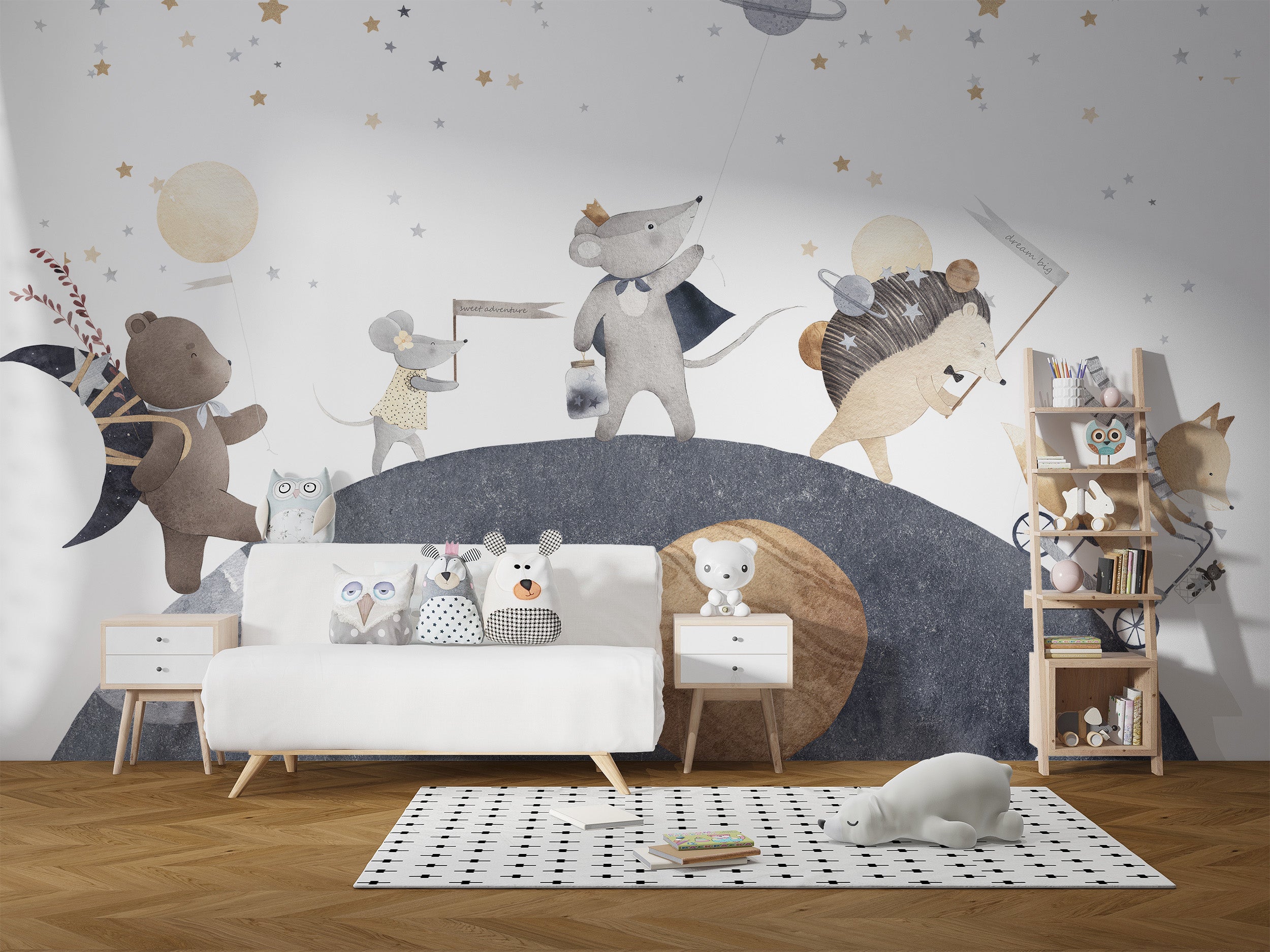 Whimsical moonlight friends mural wallpaper for walls