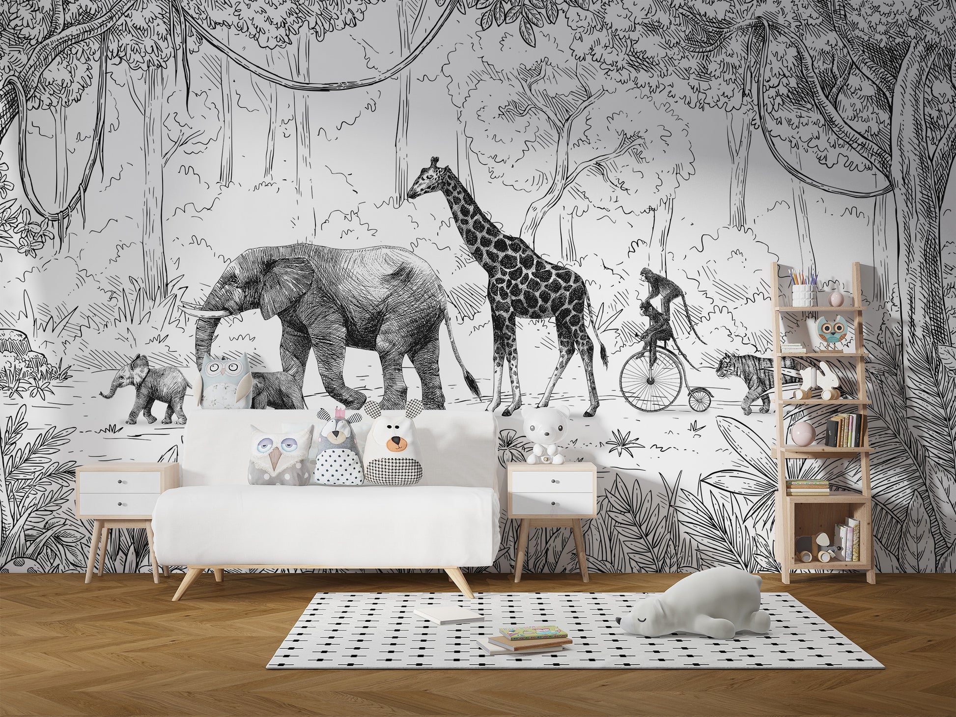 Transform walls with Animal Parade black and white mural.
