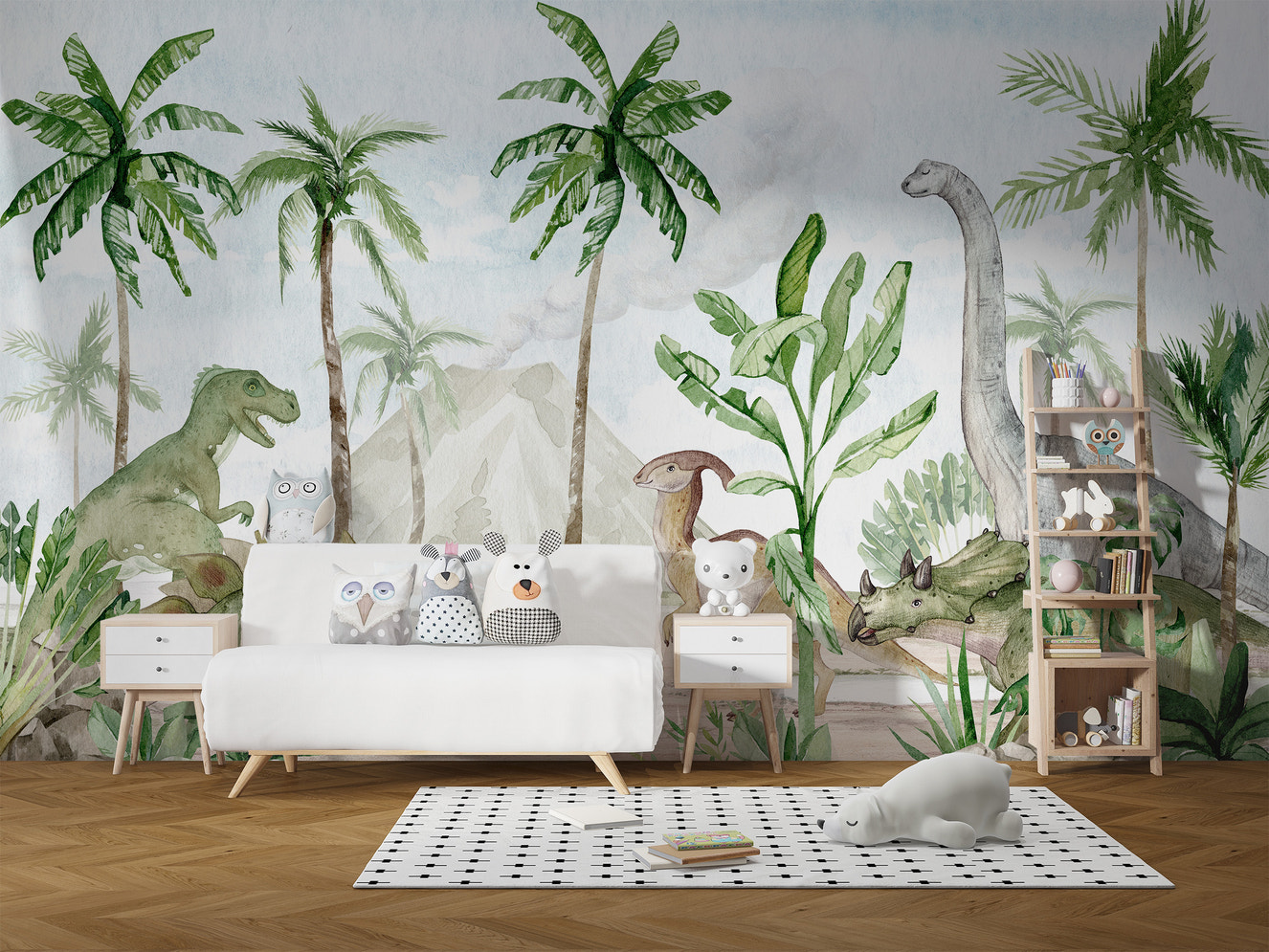 Watercolor mural featuring a vibrant prehistoric paradise
