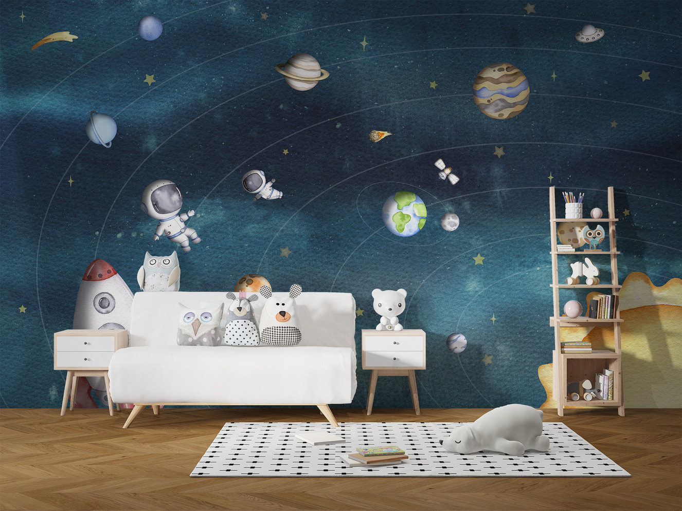 Stunning wall mural featuring a dark space-themed design
