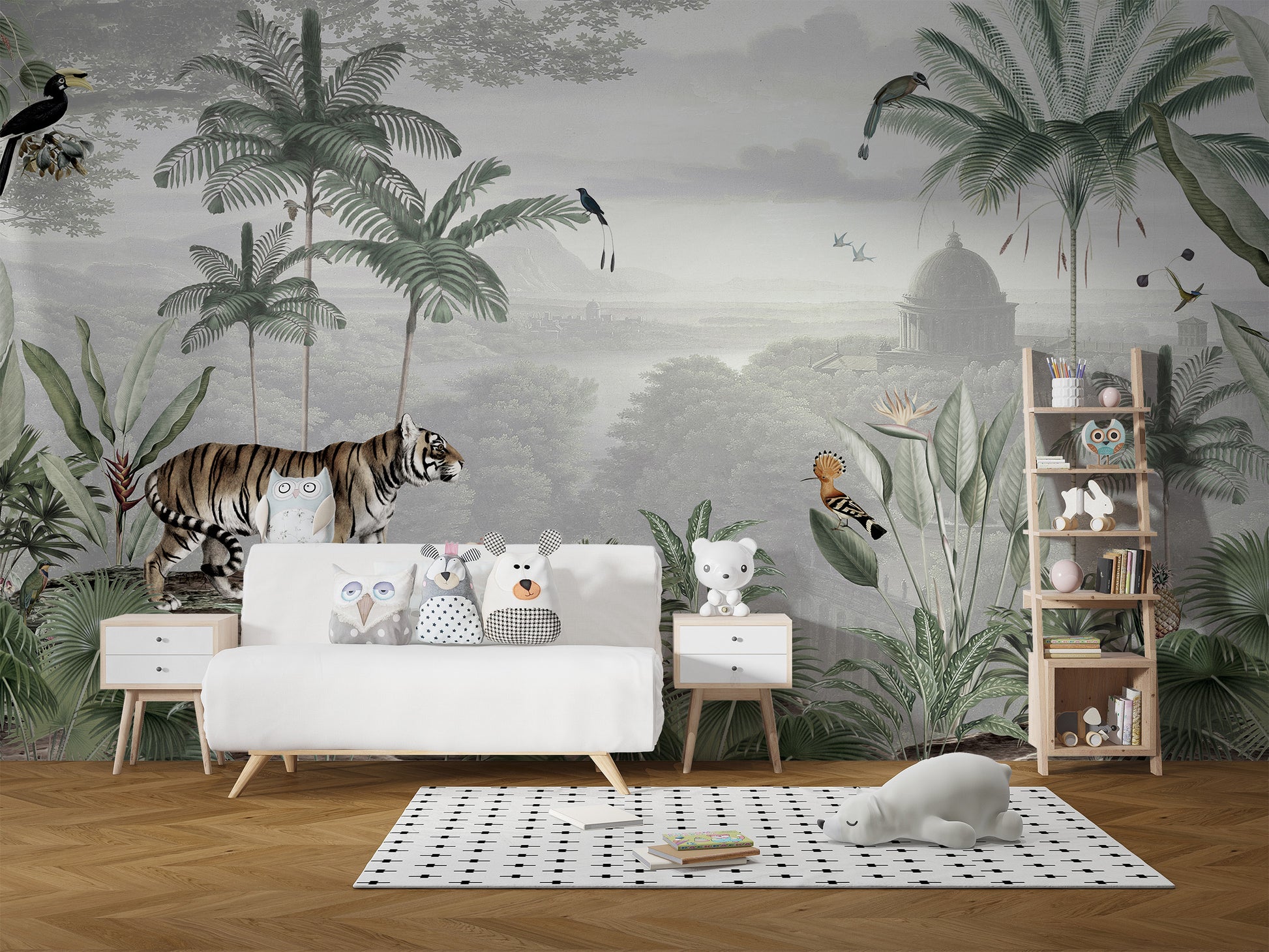 Tiger wall mural with lush jungle background design.
