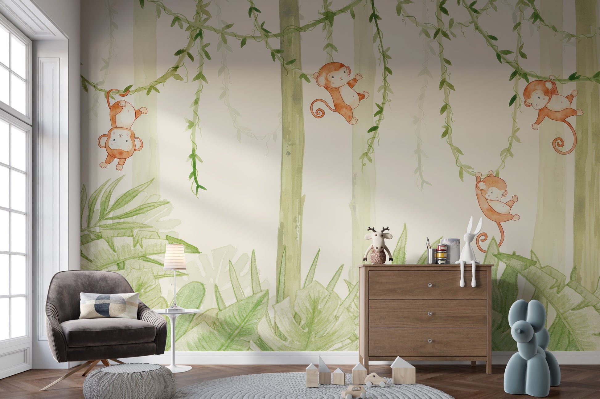 Jungle wallpaper mural with monkeys swinging on trees