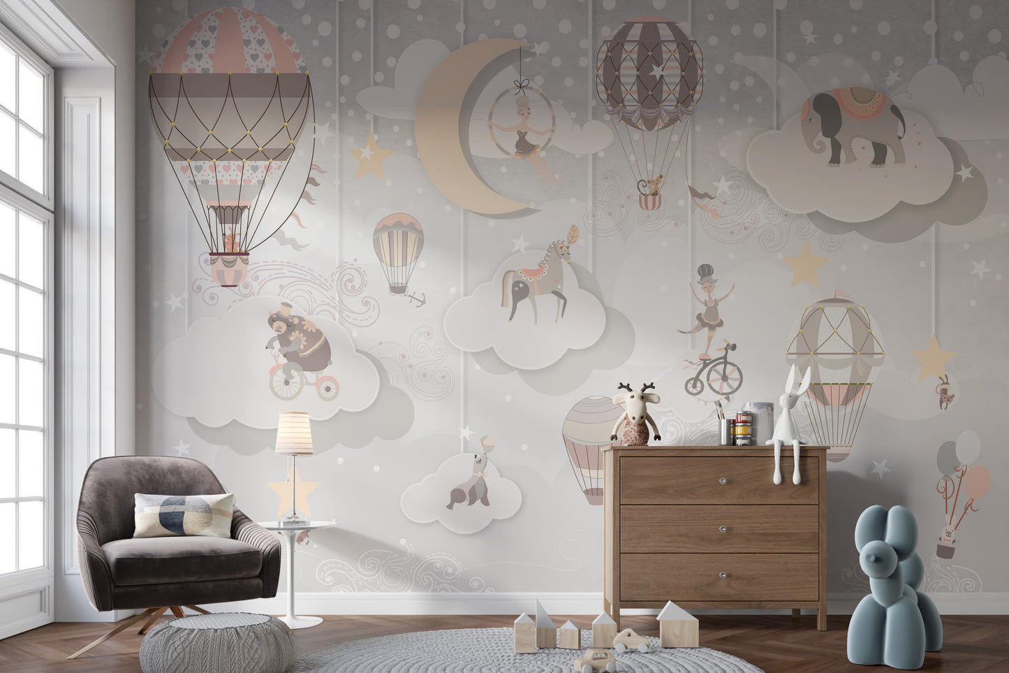 Circus-inspired mural with whimsical patterns for walls