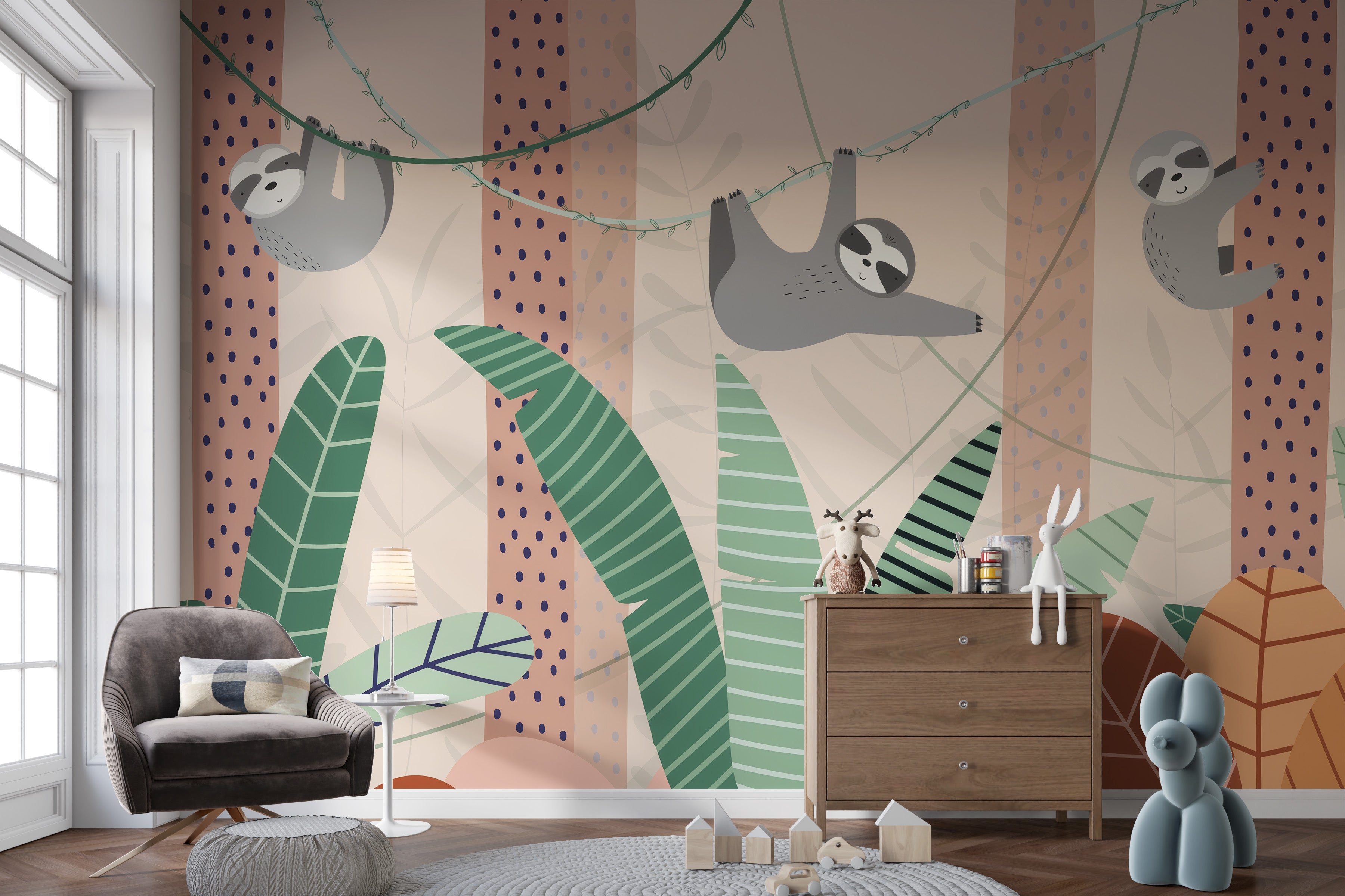 Hanging sloths wallpaper mural for whimsical wall accents