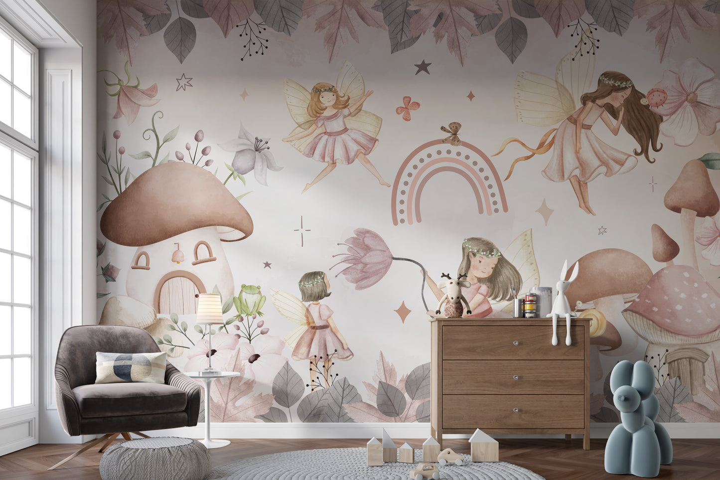 Fairyland-themed wallpaper mural with pink, dreamy accents