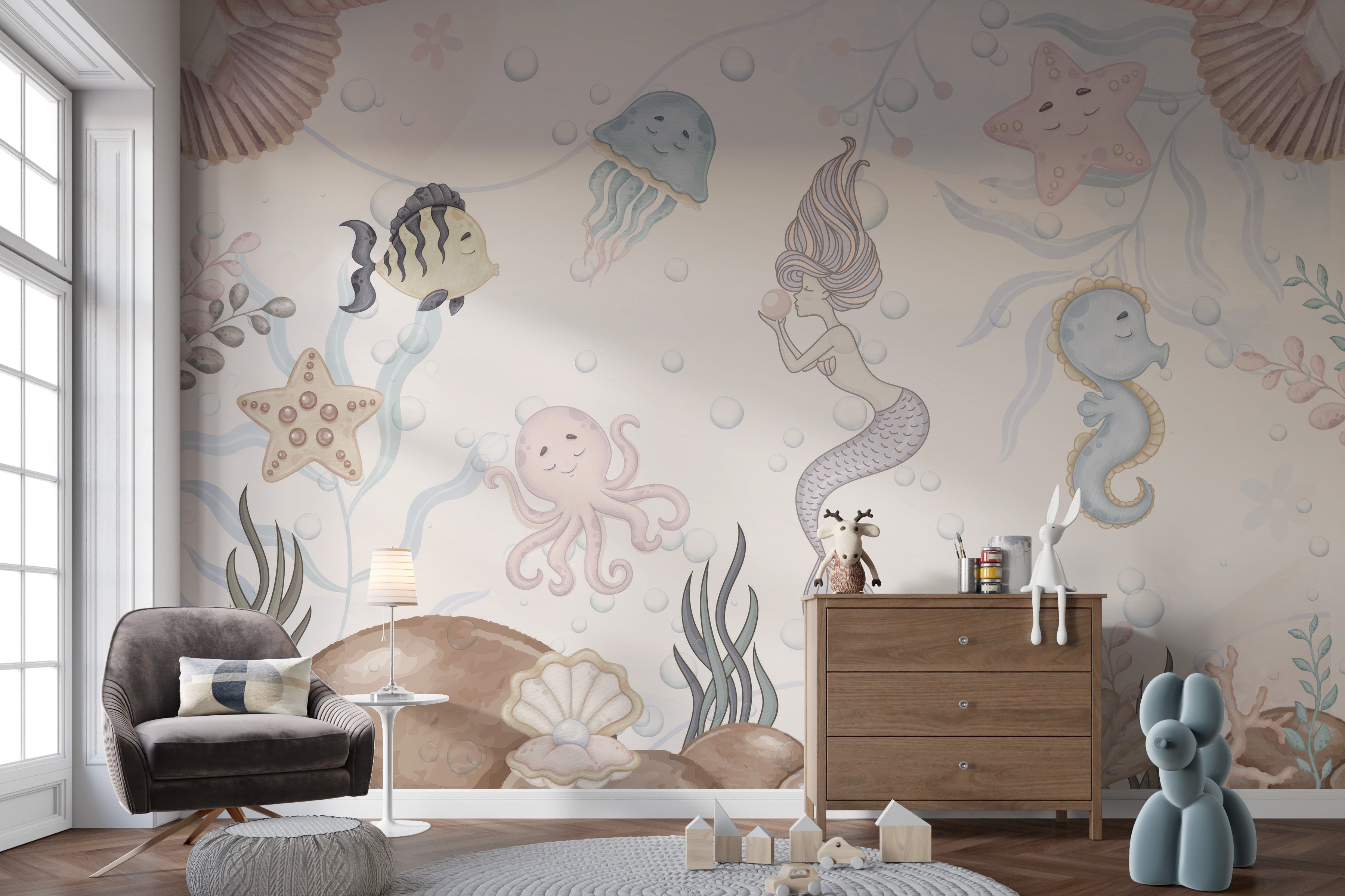 Kids' aquatic life mural with colorful sea creatures