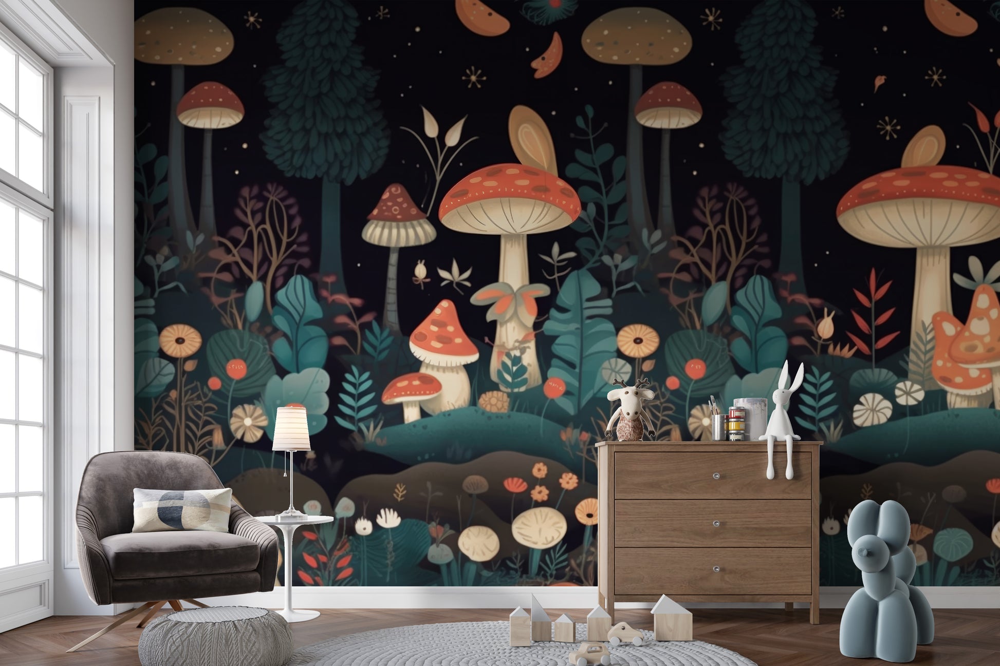 Colorful mushroom mural for a lively and playful wall decor