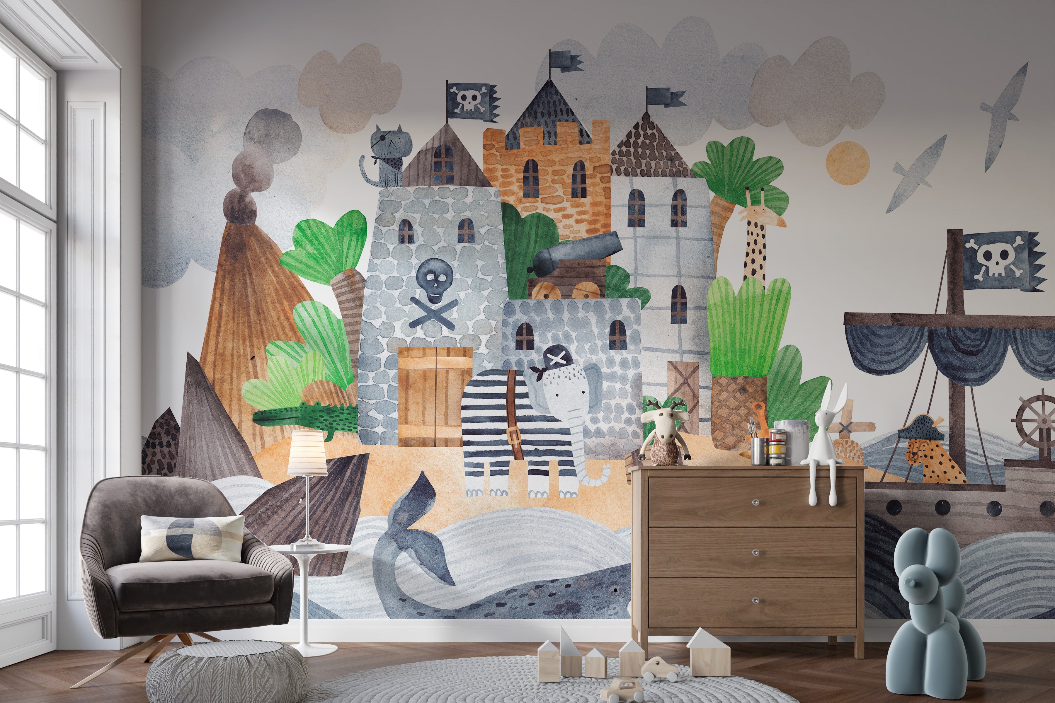 Pirates castle peel-off wallpaper for kids' spaces