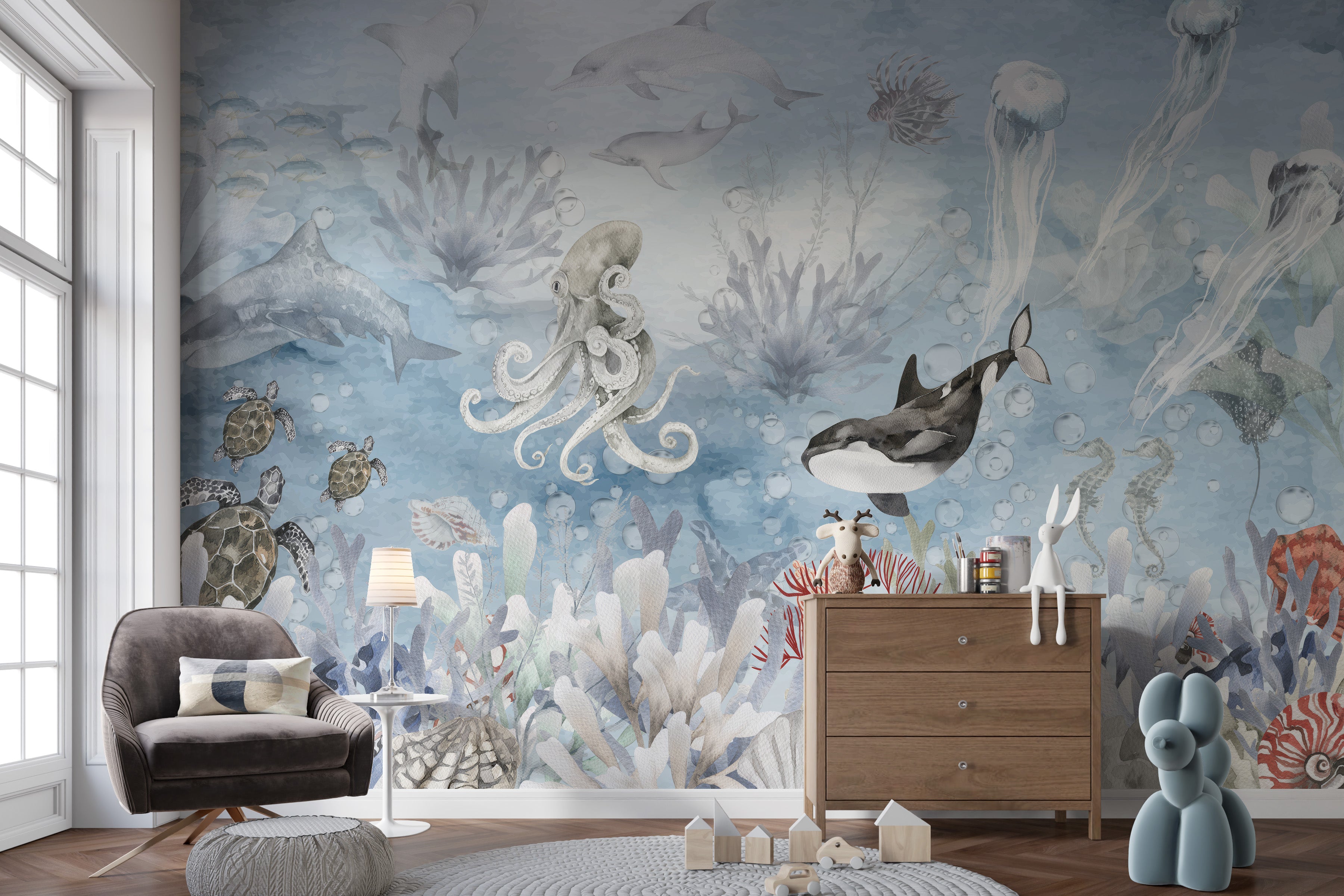 Self-adhesive marine life wallpaper for interiors