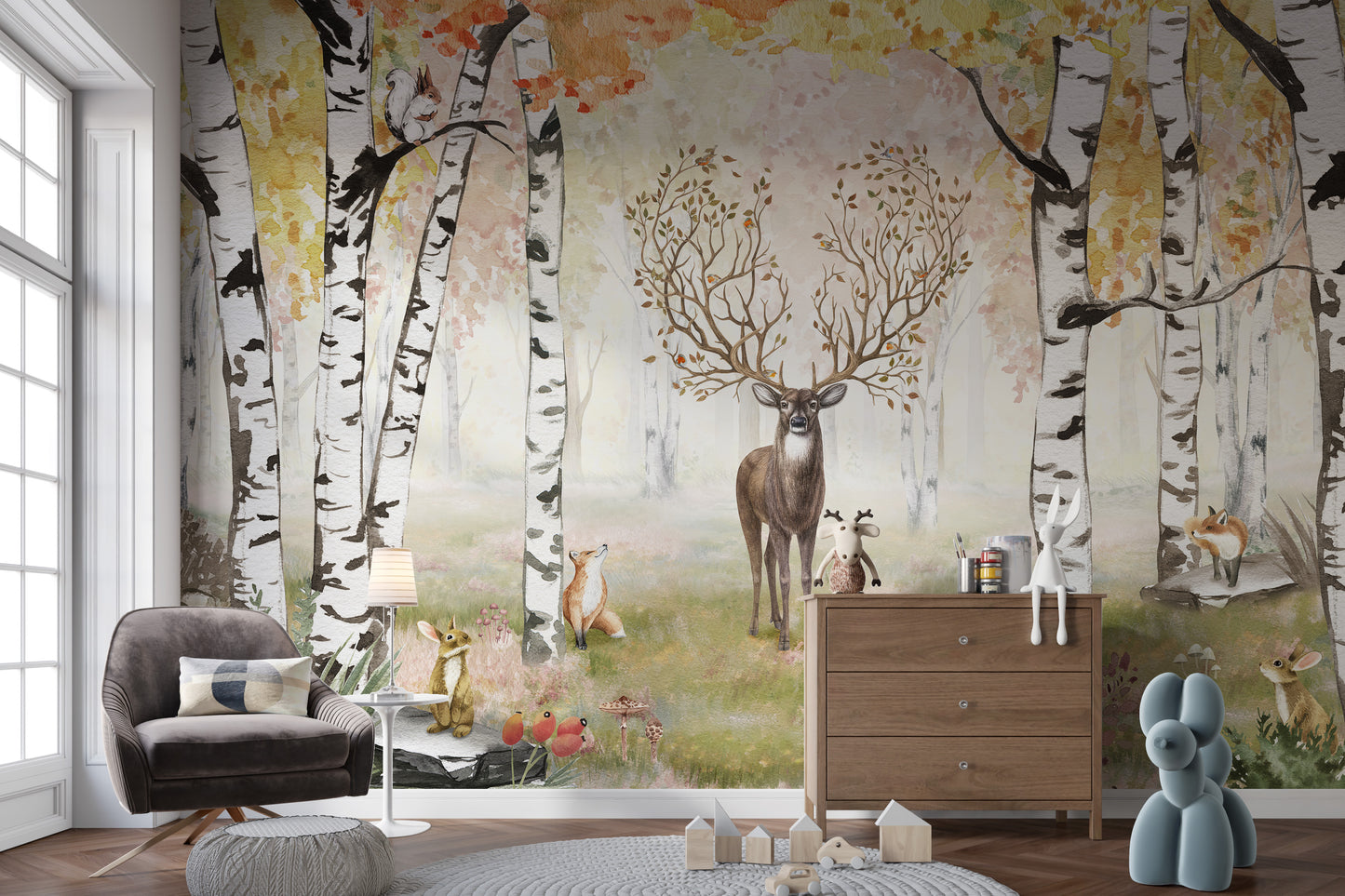 Forest mural showcasing autumn majesty and deer.
