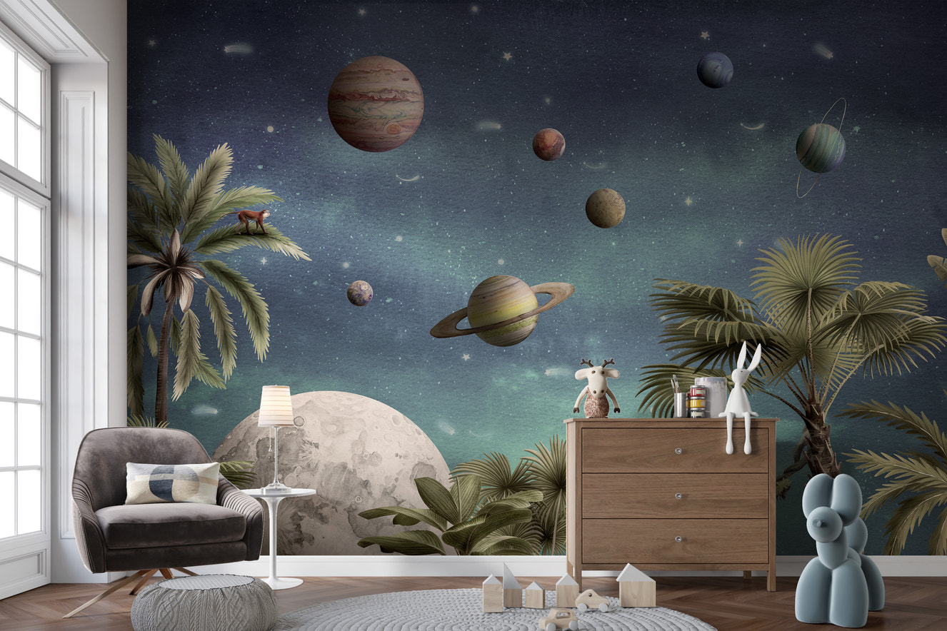 Wallpaper mural featuring pretty planets in vibrant hues.