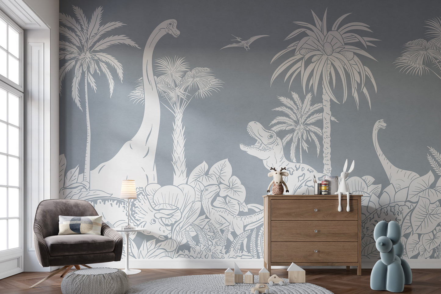 Monochrome Dino Blue wallpaper for modern kids' decor.
