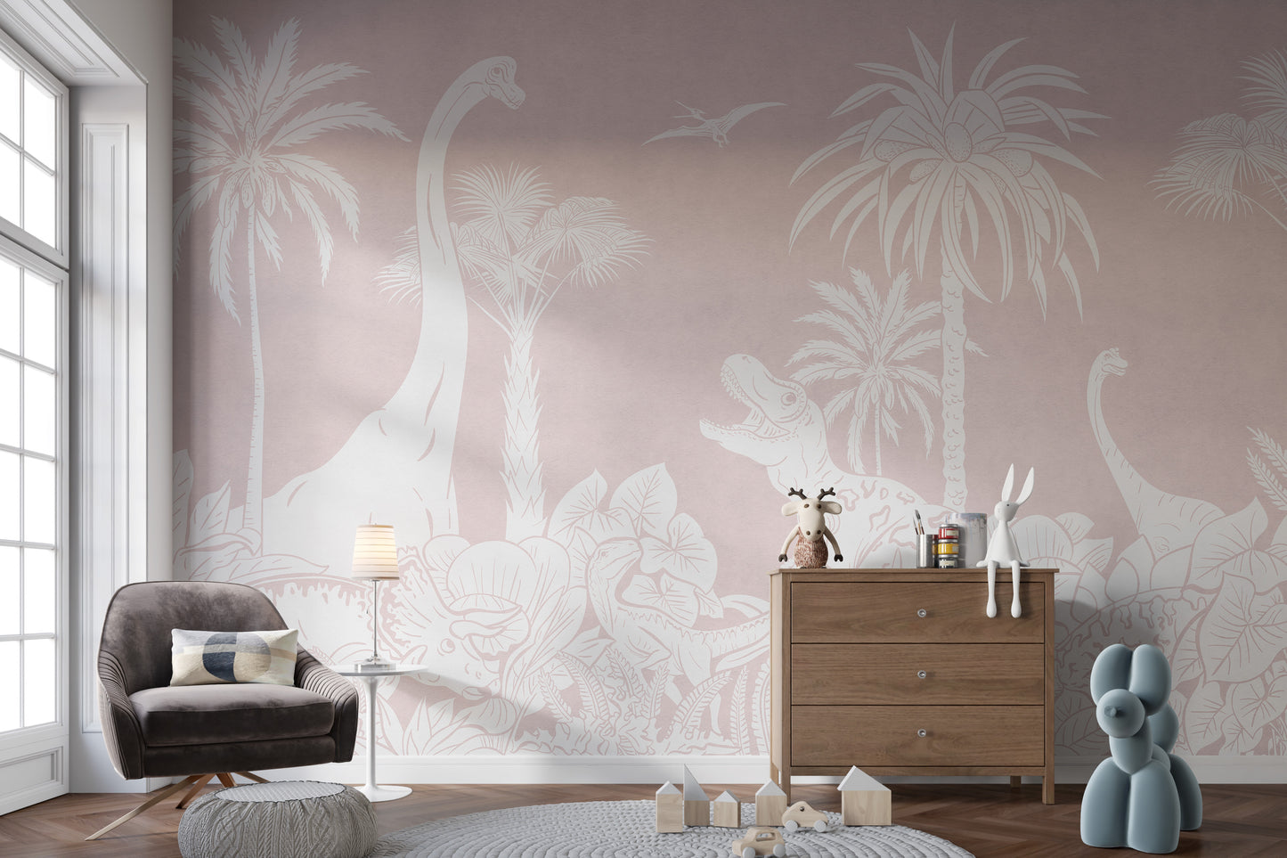 Monochrome Dino Pink mural adds soft charm to walls.
