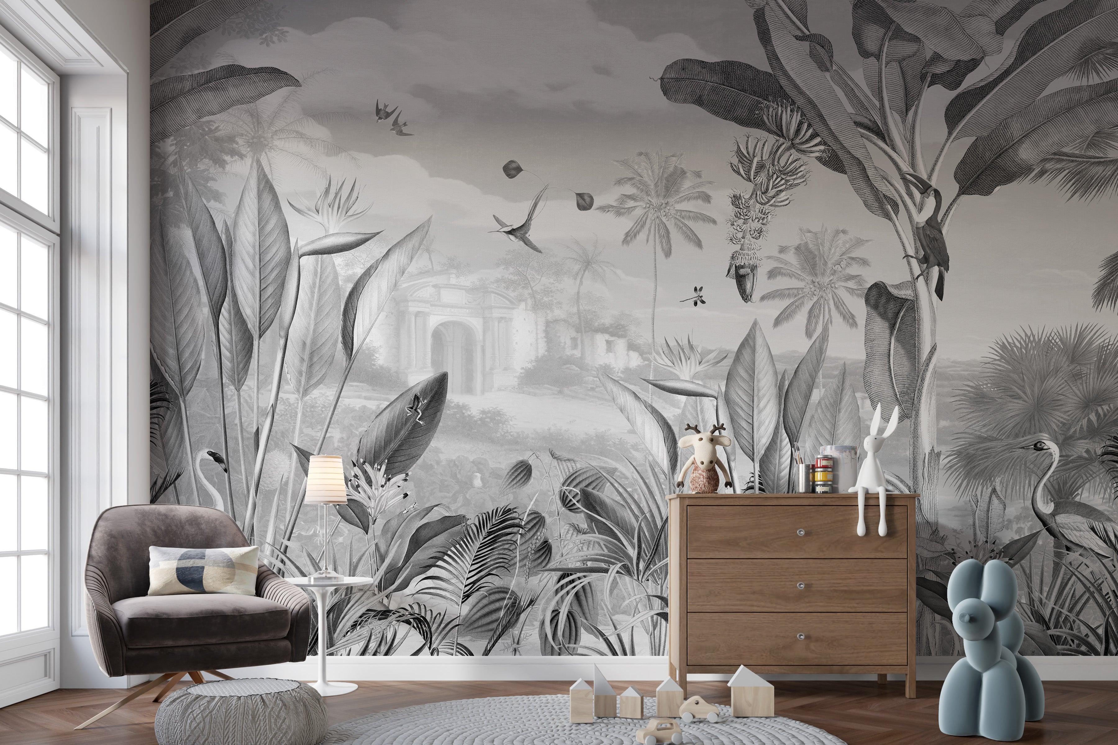 Flora-themed mural in a stunning monochrome panoramic design
