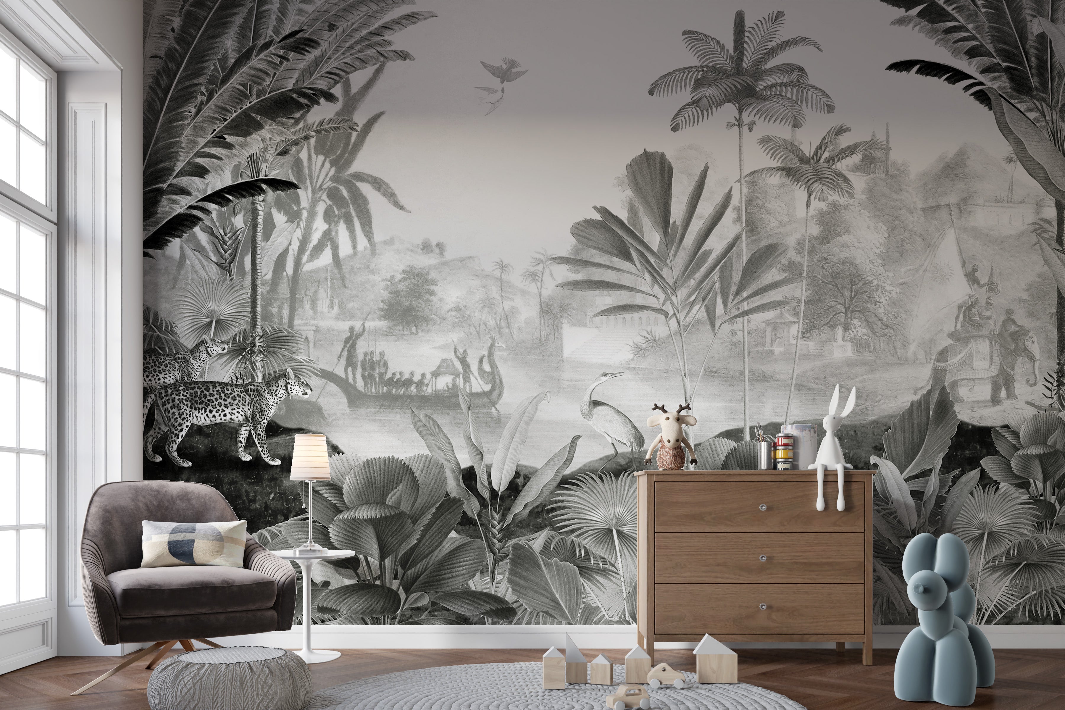 Leopard and nature mural in bold monochrome shades.
