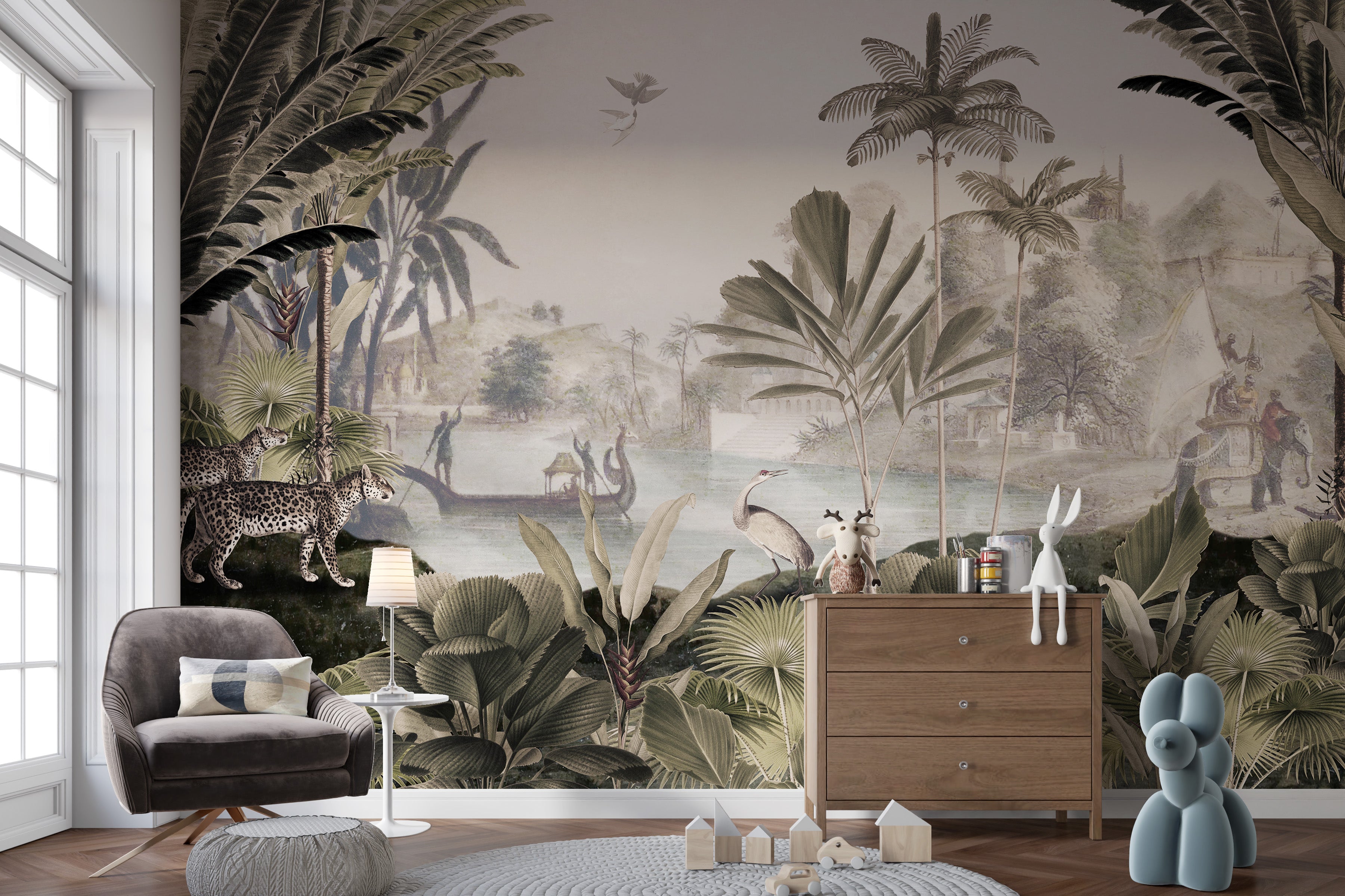 Jungle panorama mural in elegant sepia-toned hues.
