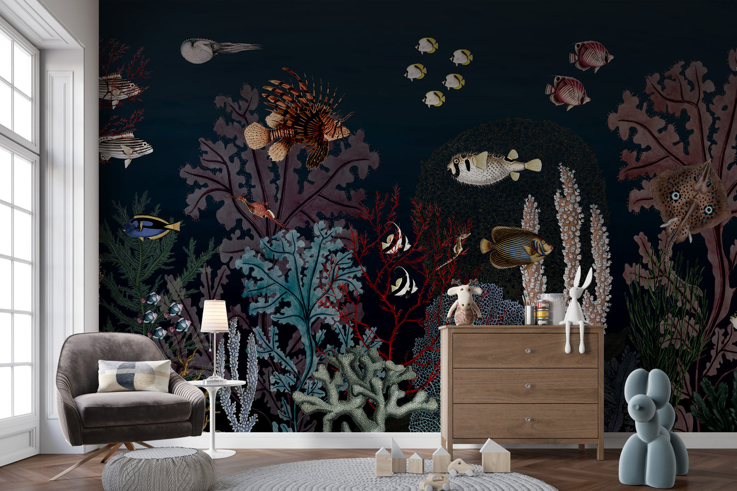 Aquatic ballet wall mural with elegant water motifs.
