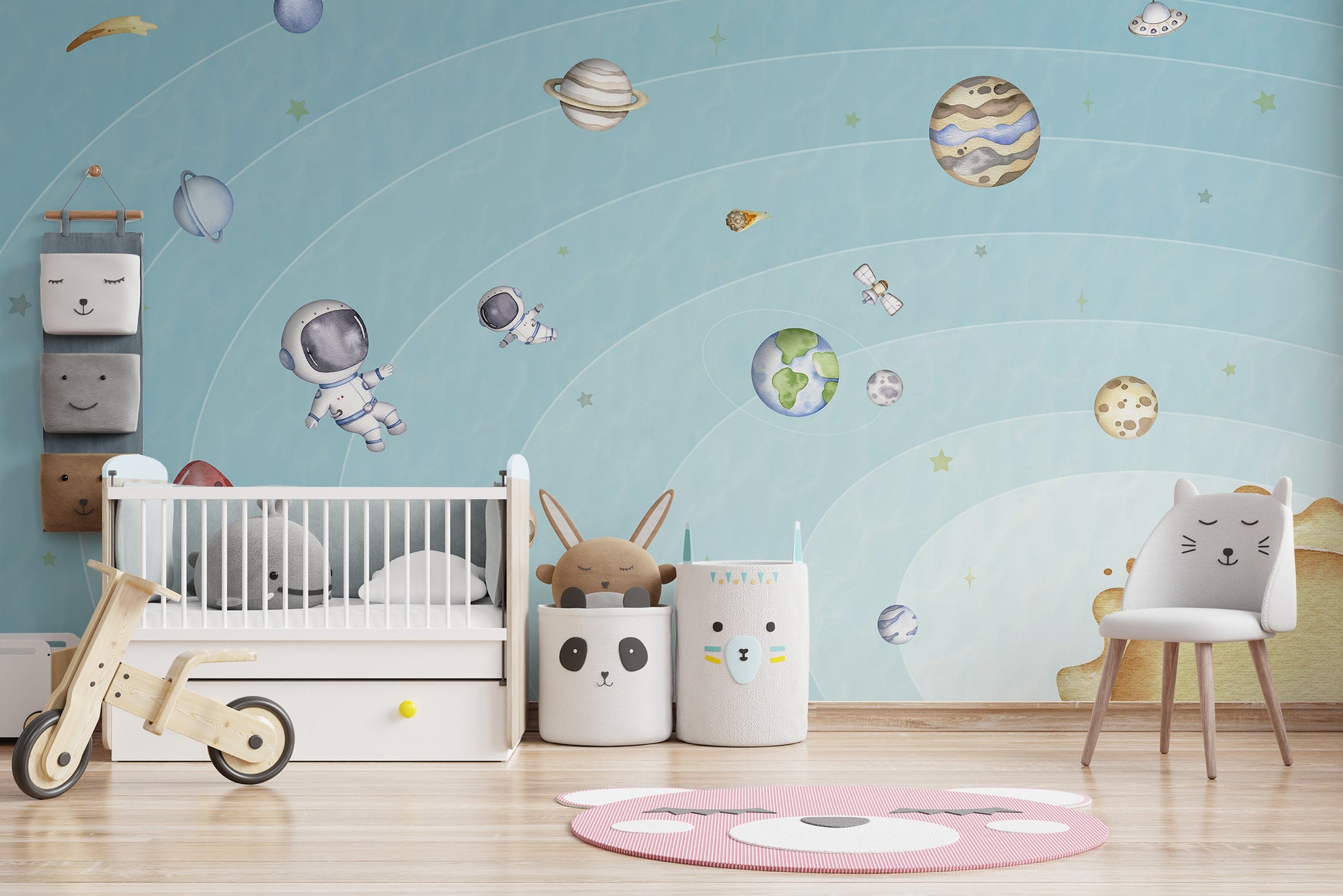 Decorative mural showcasing a celestial space joy scene in soft tones
