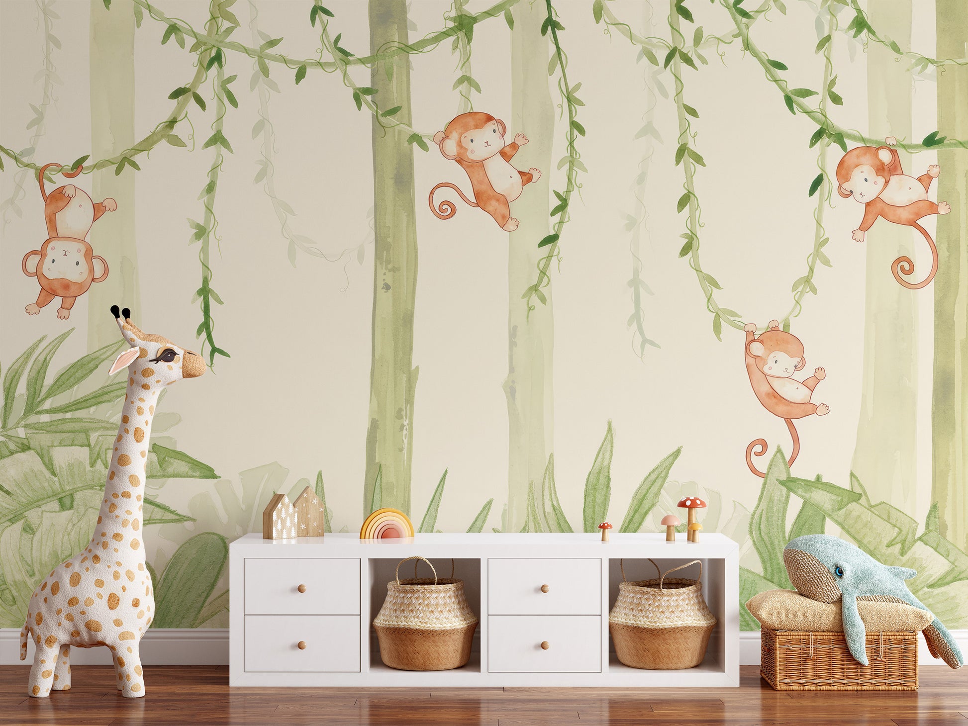 Artistic forest wallpaper mural with playful monkey theme