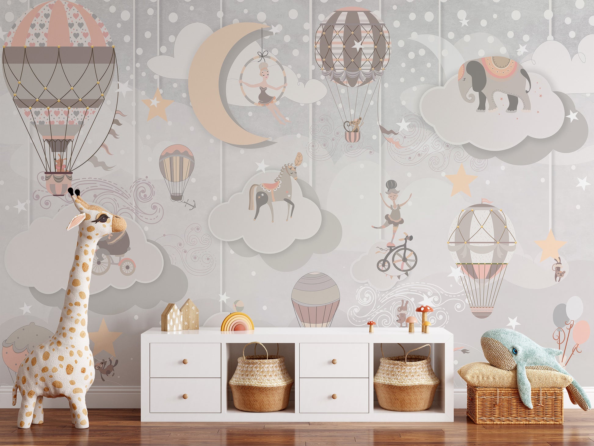 Whimsical wallpaper mural featuring a circus theme