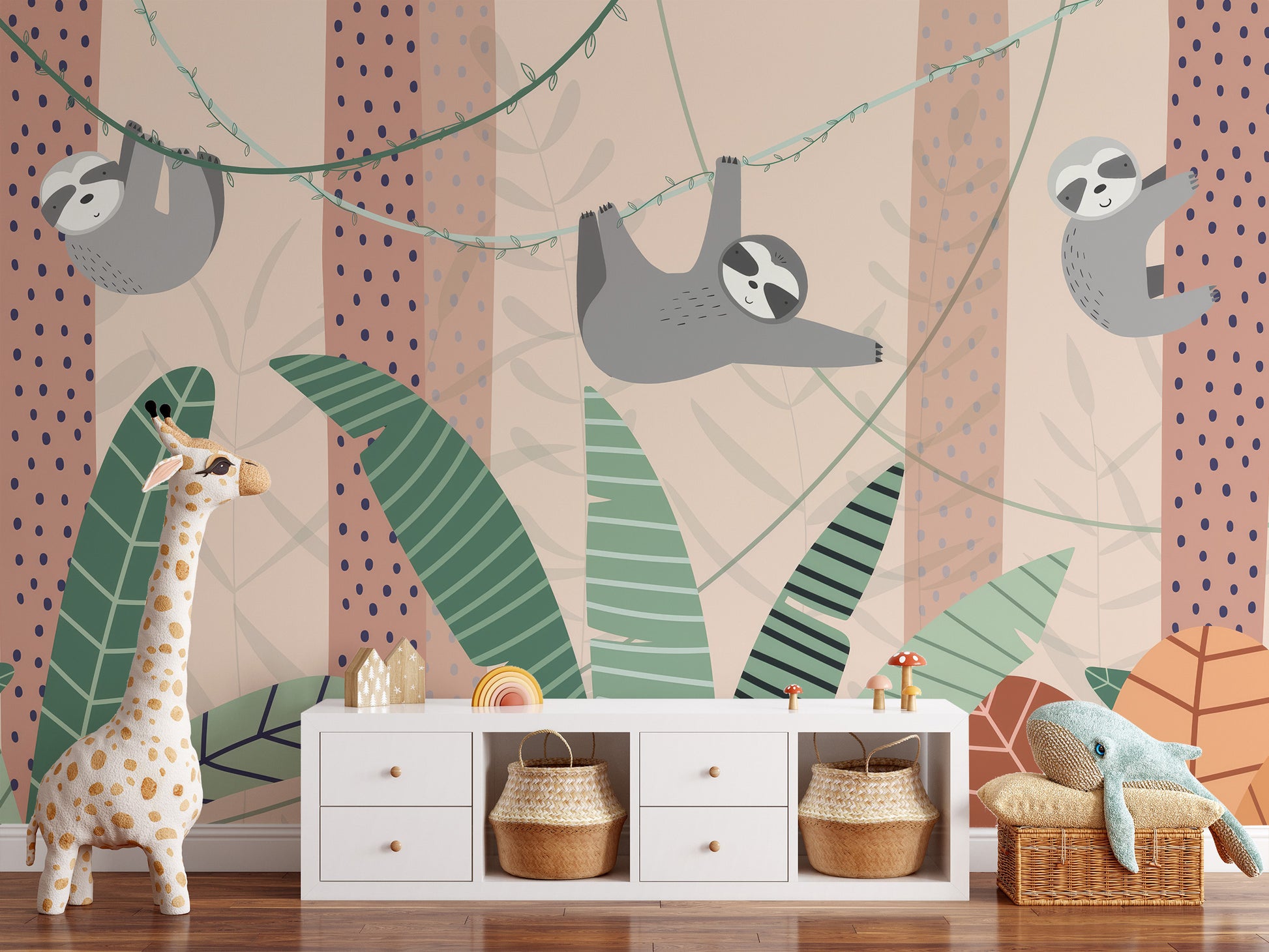 Playful sloths hanging mural for nature-inspired interiors