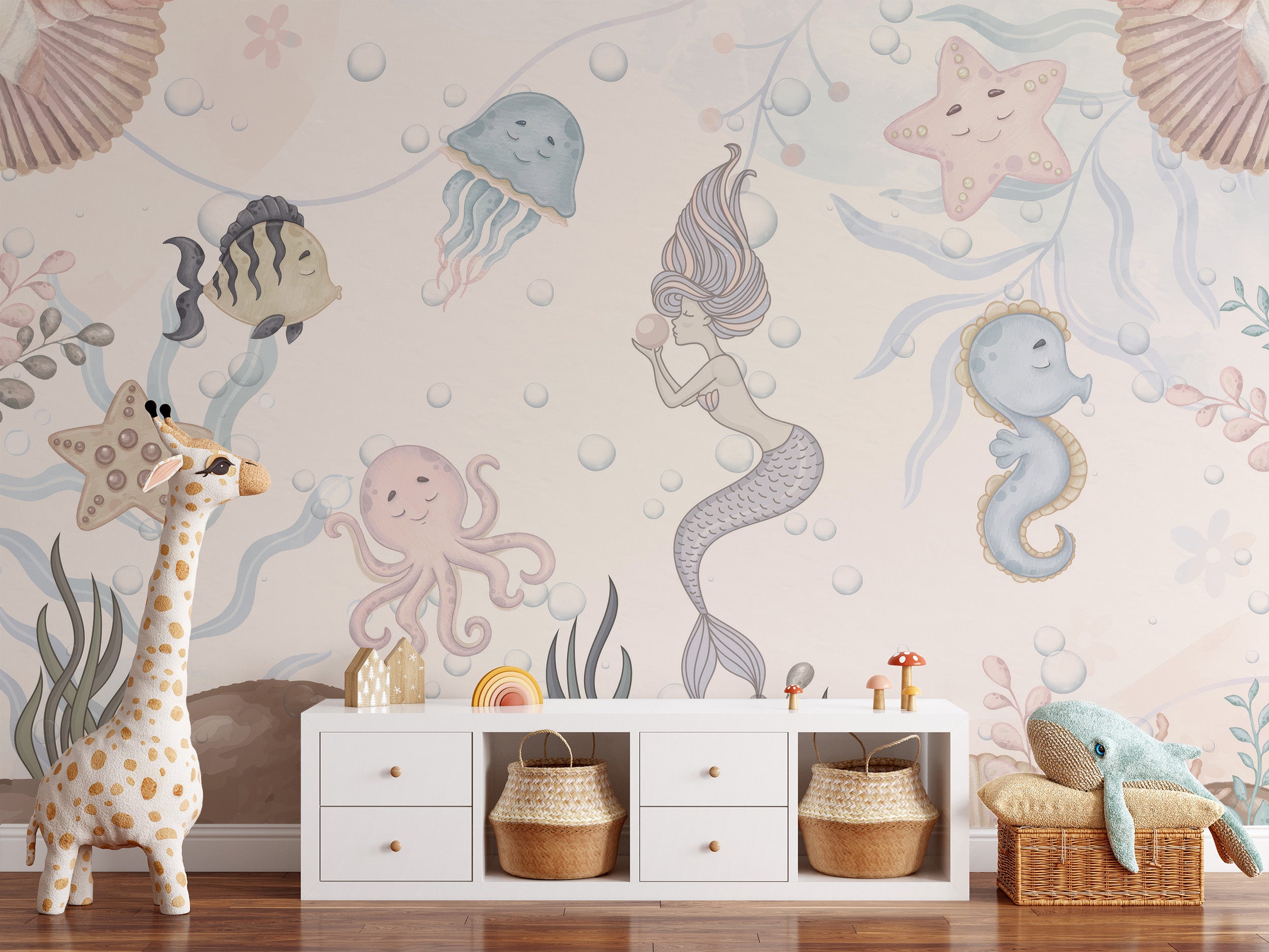 Fun aquatic life mural with sea creatures for playful walls