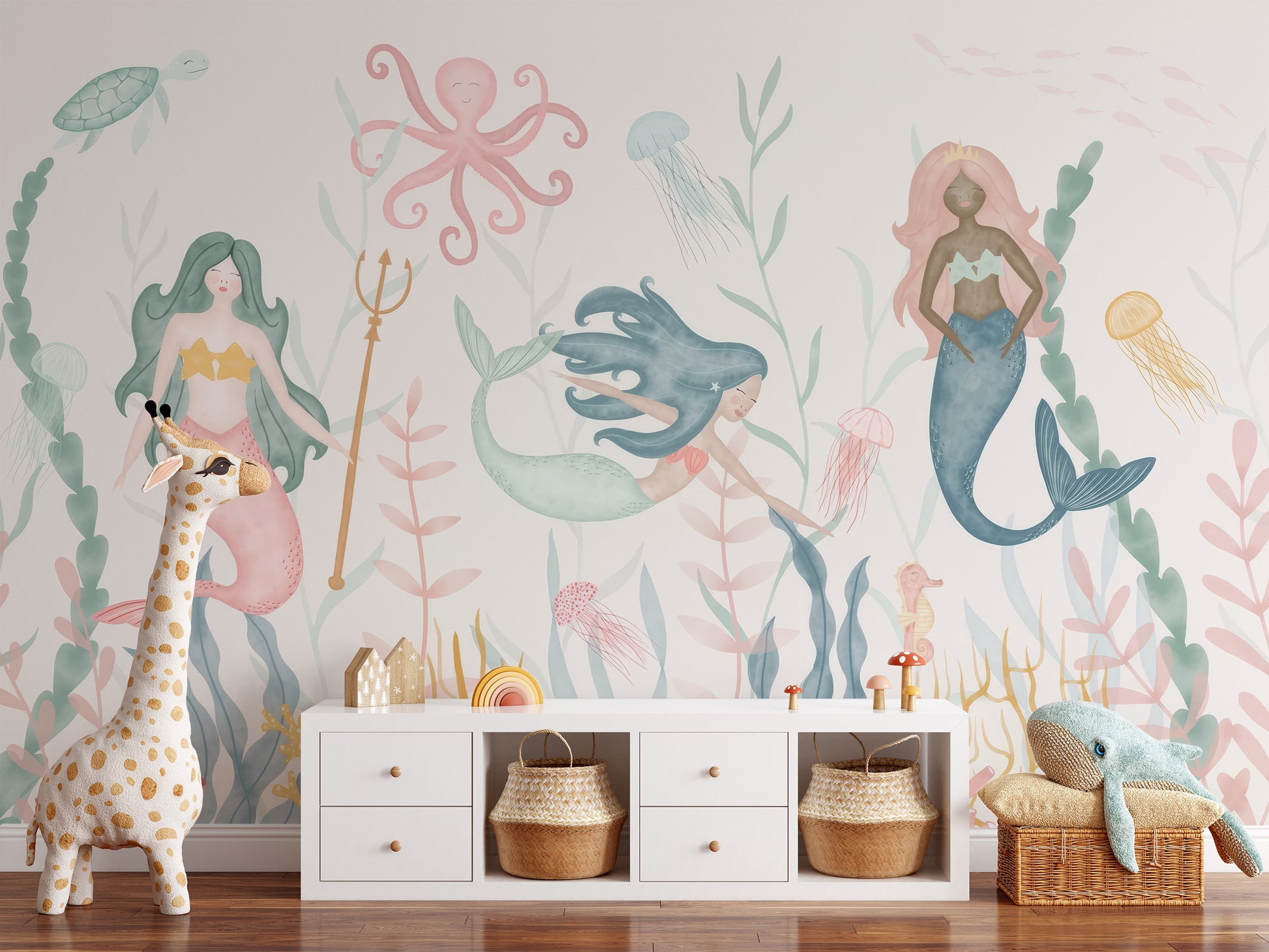 Pastel mermaid peel-off wallpaper for whimsical decor