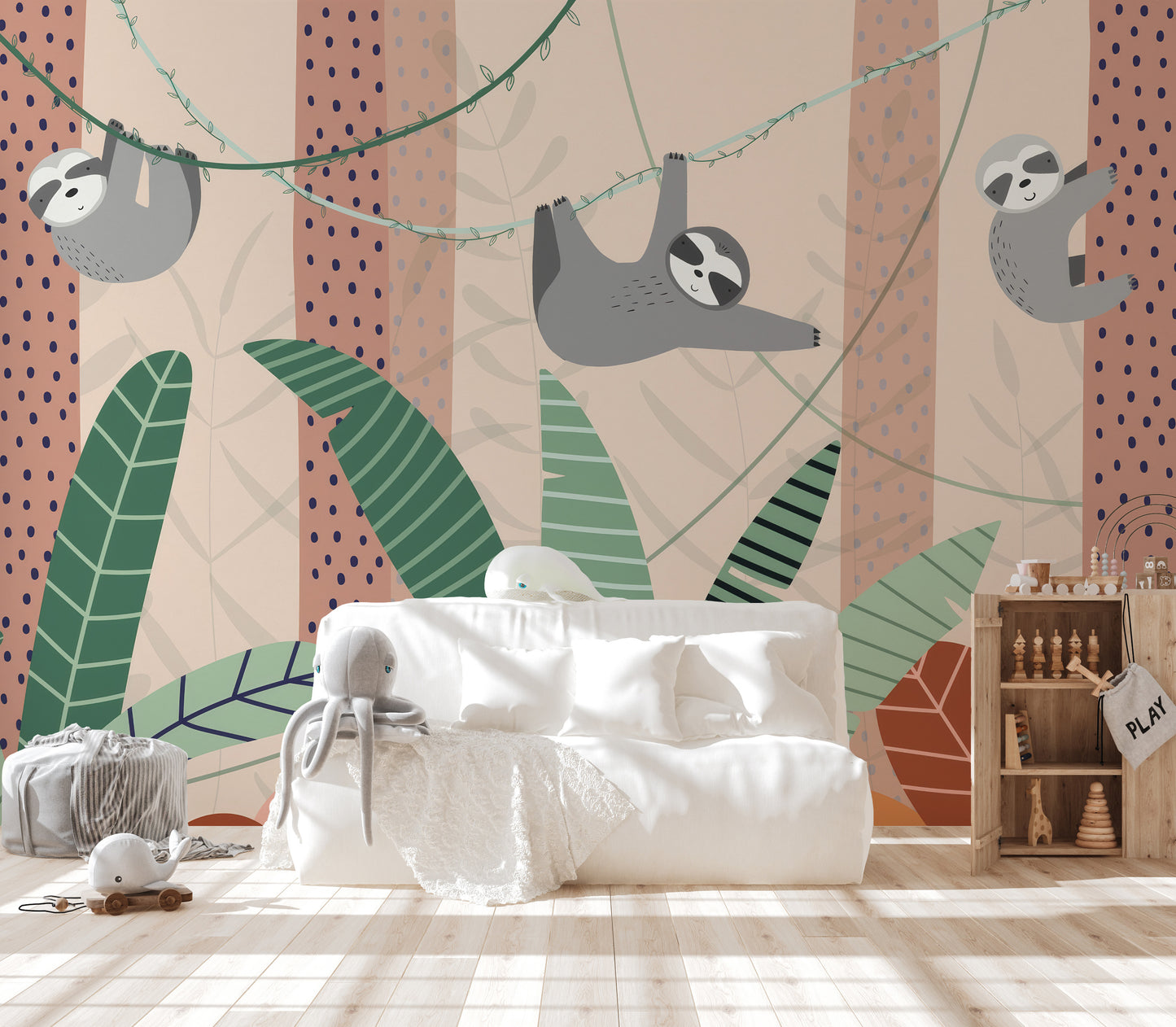 Lazy sloths hanging wall mural for relaxed jungle-themed decor