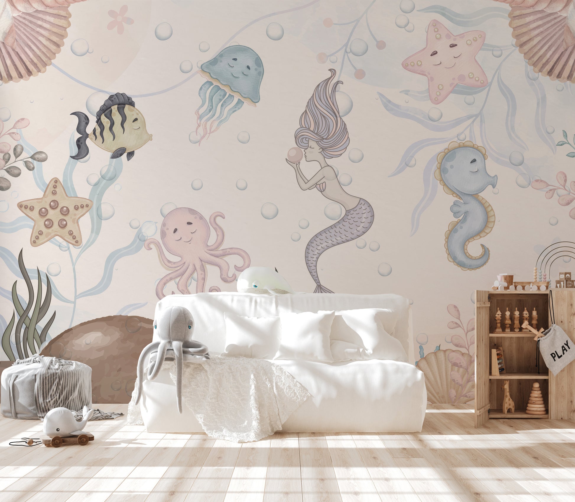 Underwater-themed aquatic life mural for kids' rooms