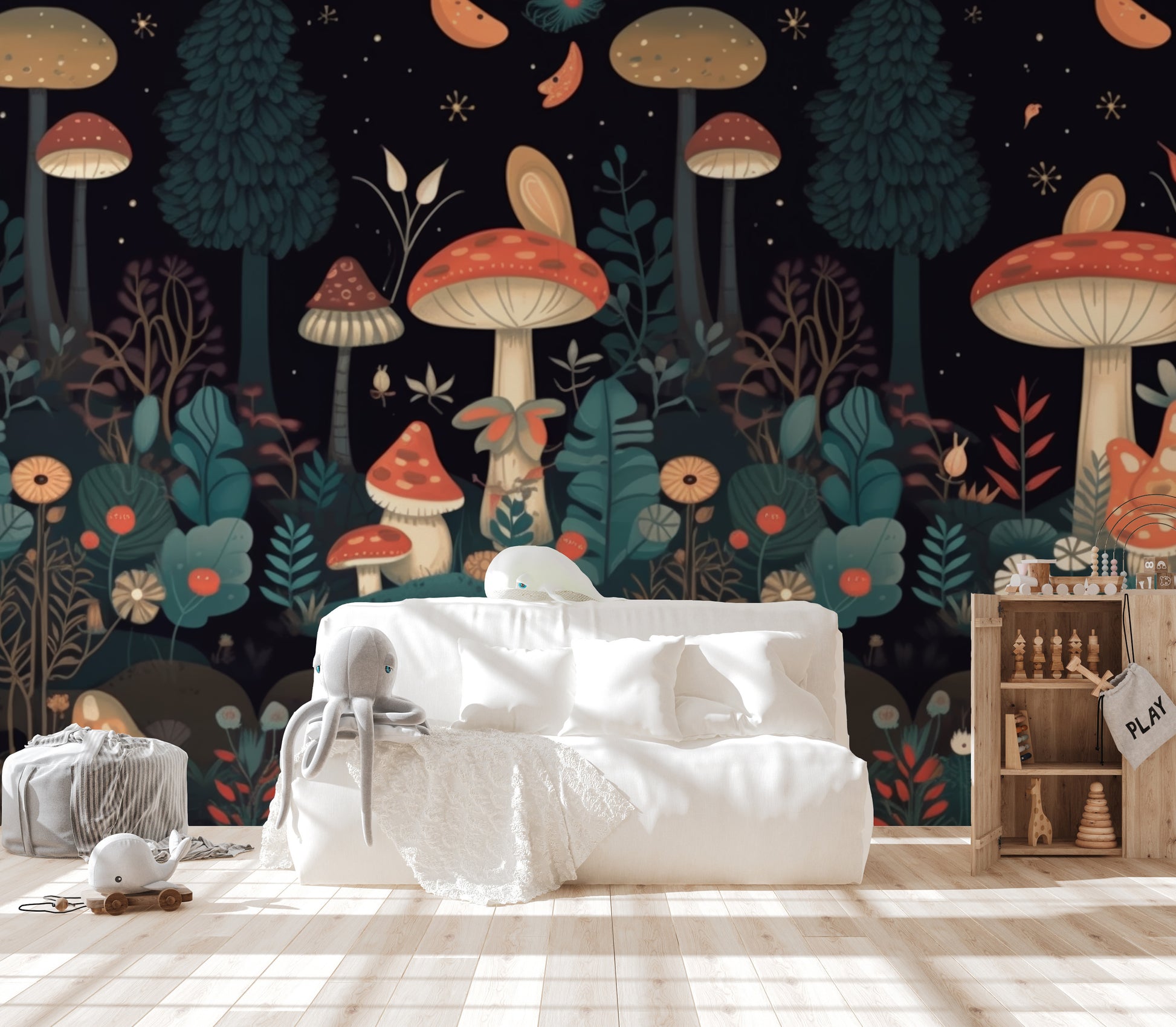 Cute mushroom-themed mural for a fun, nature-inspired look