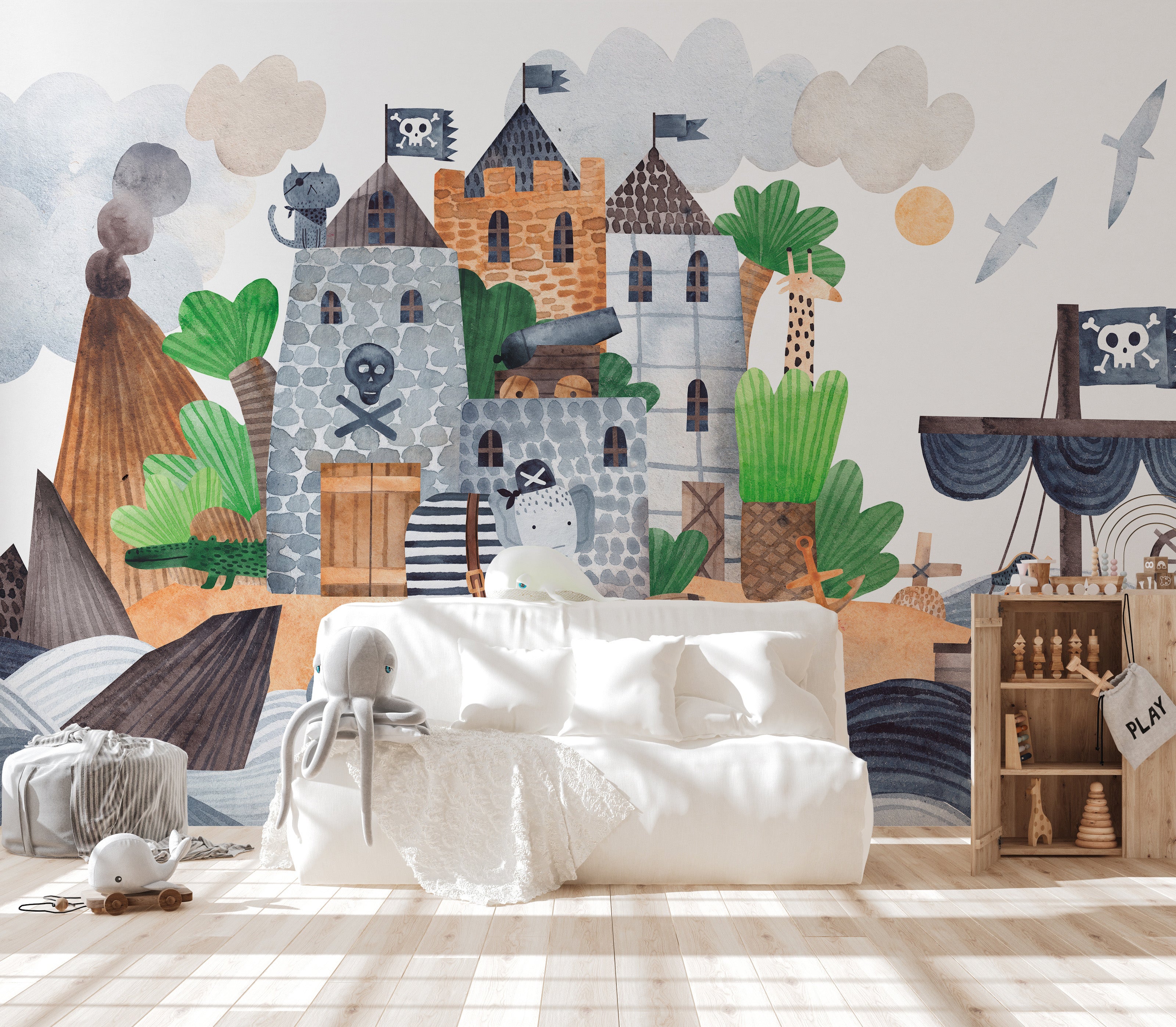 Removable pirates castle mural wallpaper for kids