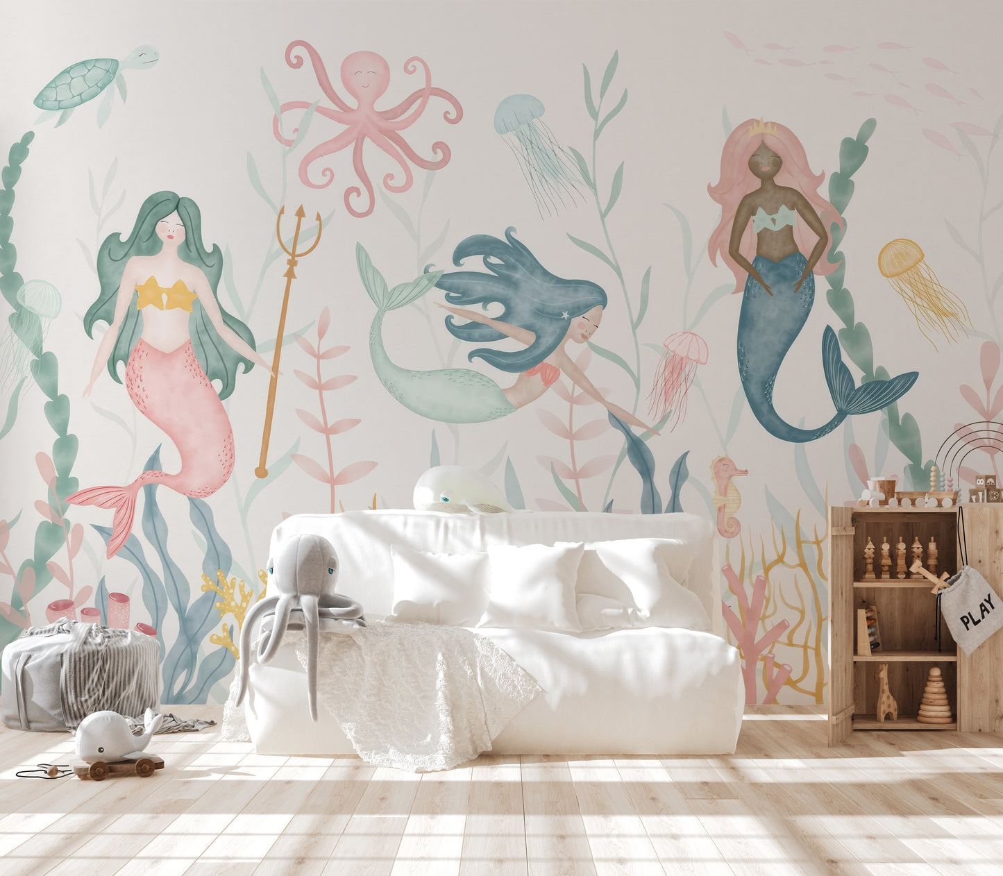 Temporary mermaid wallpaper mural in pastel tones