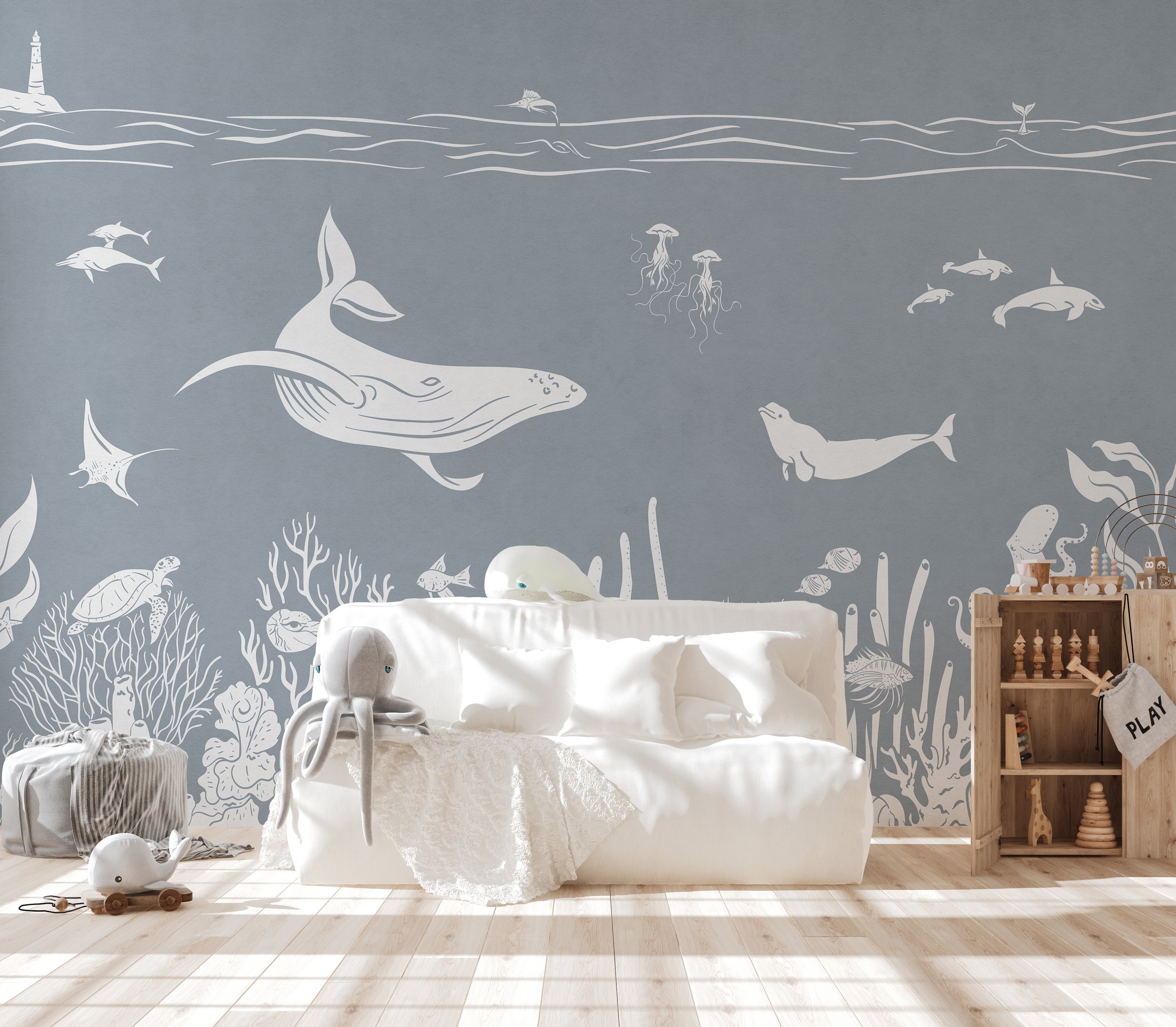 Ocean-inspired Monochrome Sea Blue mural for unique walls.
