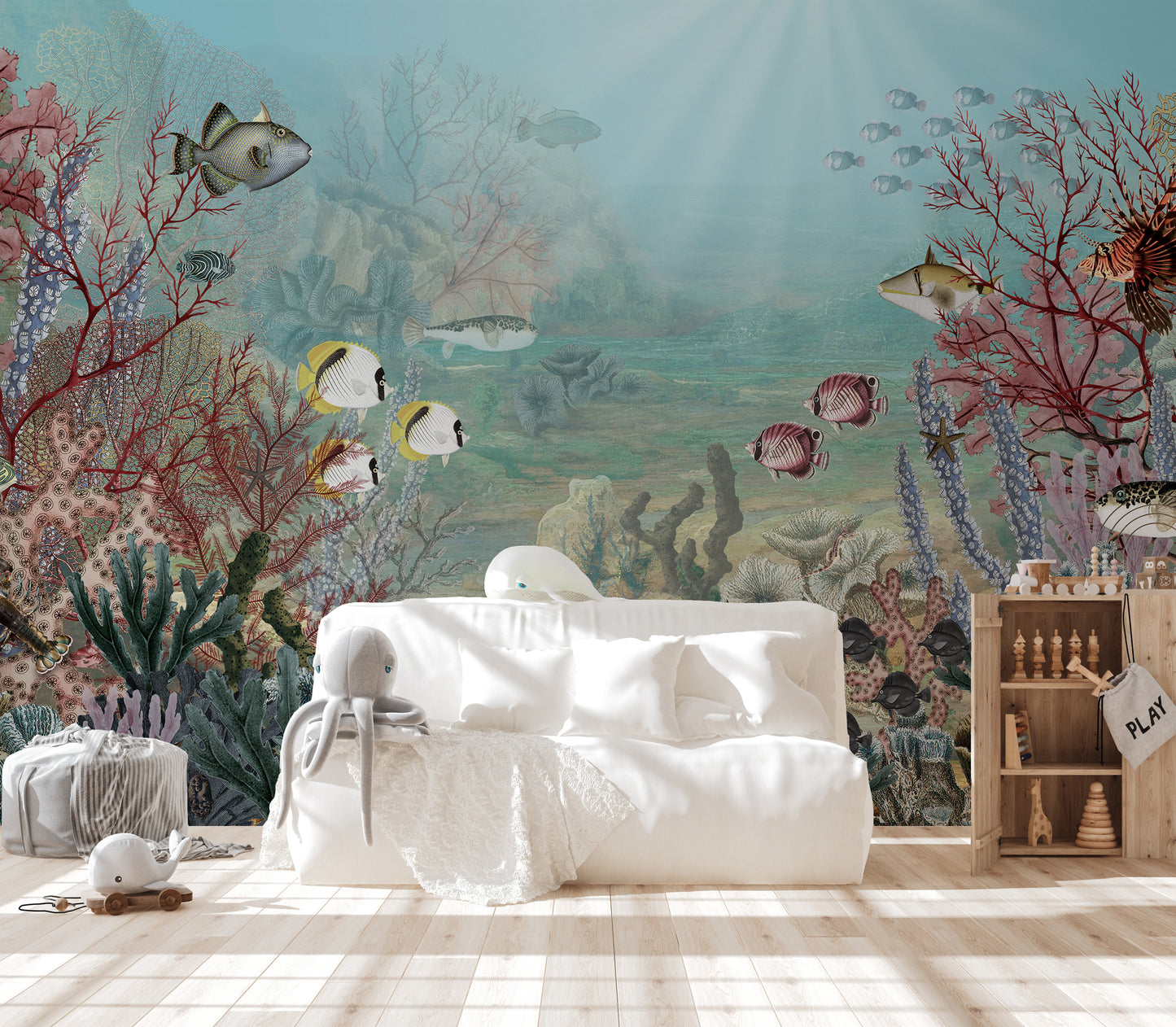 Oceanic mural showcasing colorful coral and sea life.
